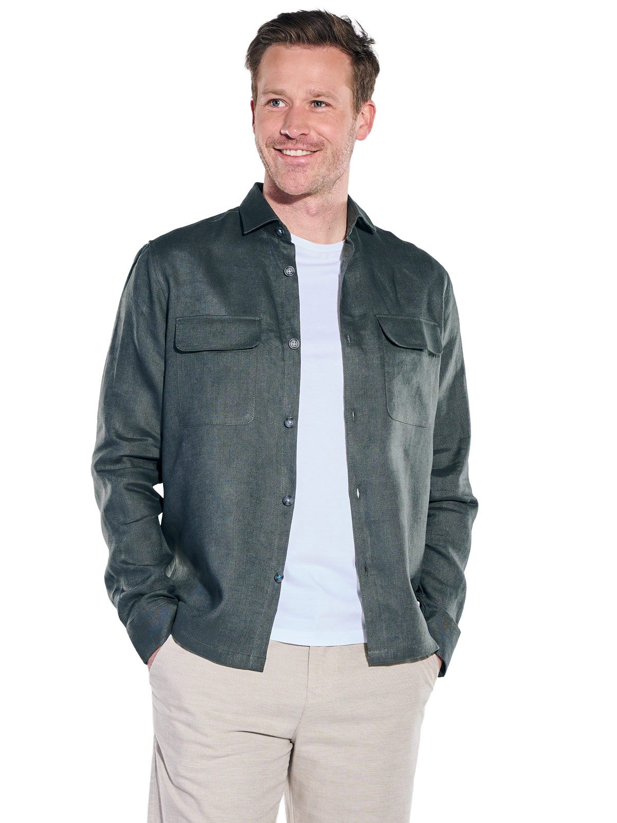 ENGBERS GERMANY Langarmhemd Herren Overshirt aus Leinen, Oliv