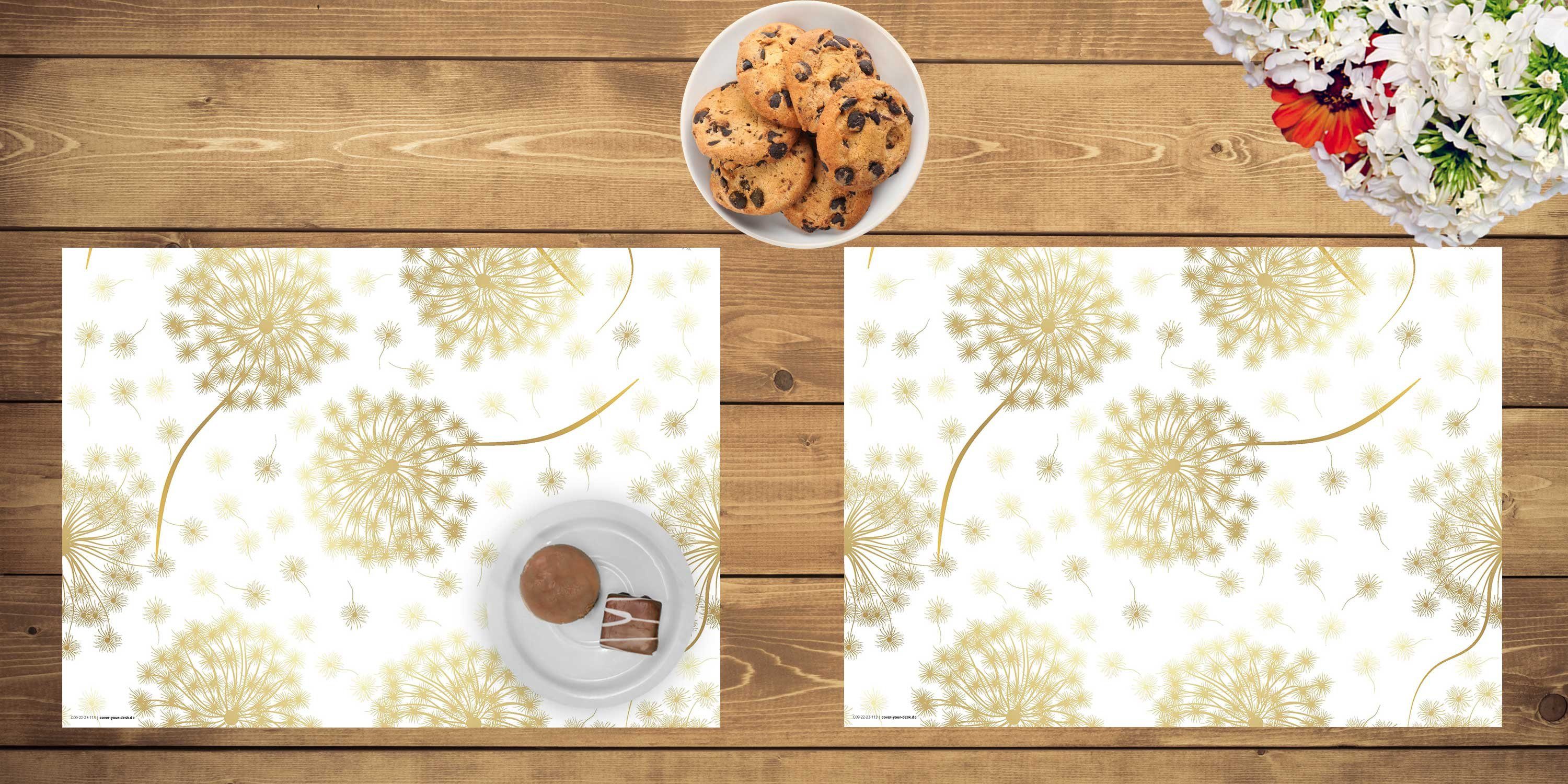 cover-your-desk.de Platzset Tischset, Platzset abwaschbar - Goldene Pusteblume - aus Premium Vinyl (Kunststoff - BPA-frei) - 4 Stück - 44 x 32 cm - rutschfeste Tischdekoration!, (4-St)