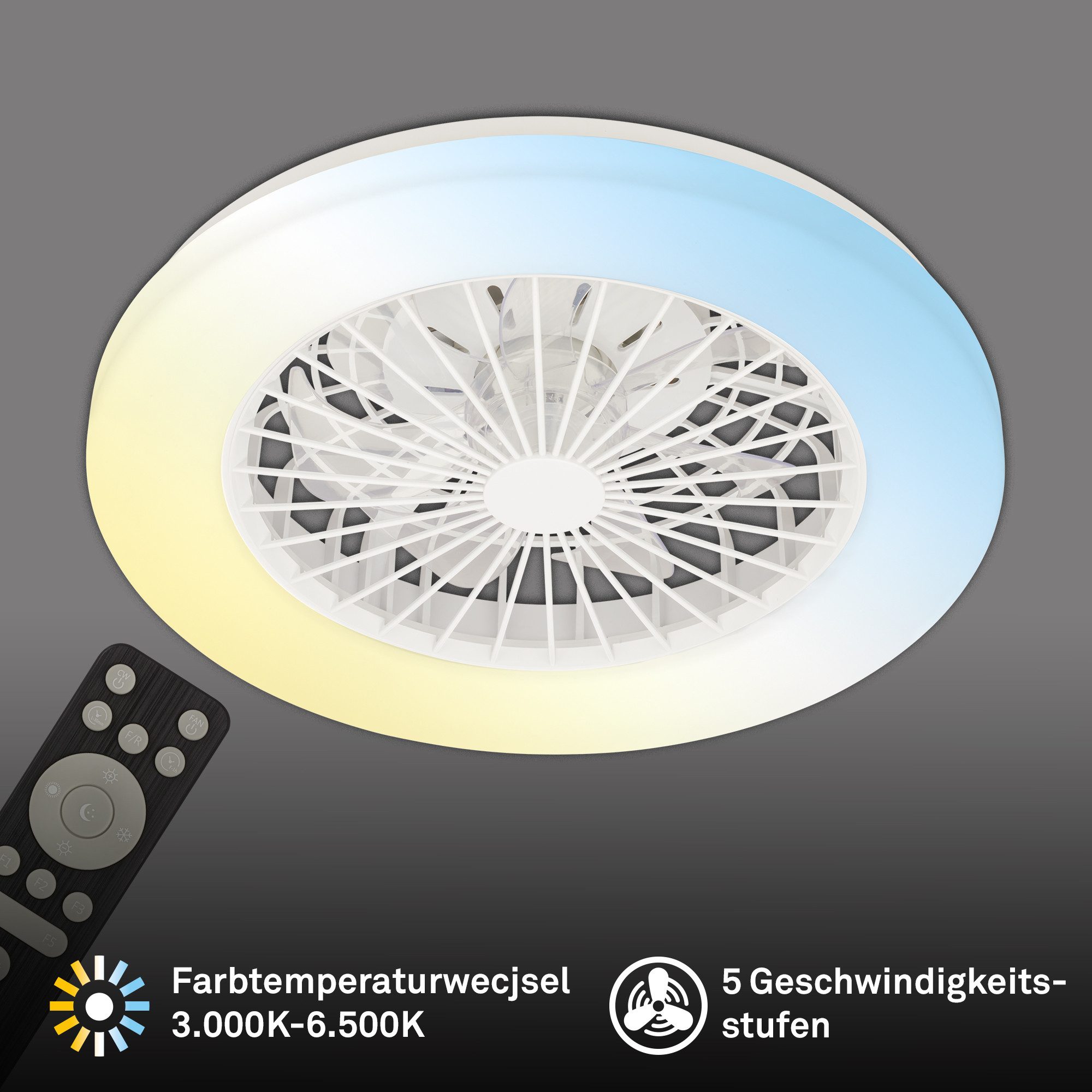 my home Deckenleuchte CCT Deckenleuchte mit Ventilator, CCT - über Fernbedienung, Dimmfunktion, Farbsteuerung, Memoryfunktion, Nachtlichtfunktion, Timerfunktion, Ventilatorfunktion, Deckenventilator mit Licht, 48,5x14,5 cm, 49Watt, Schlafzimmer