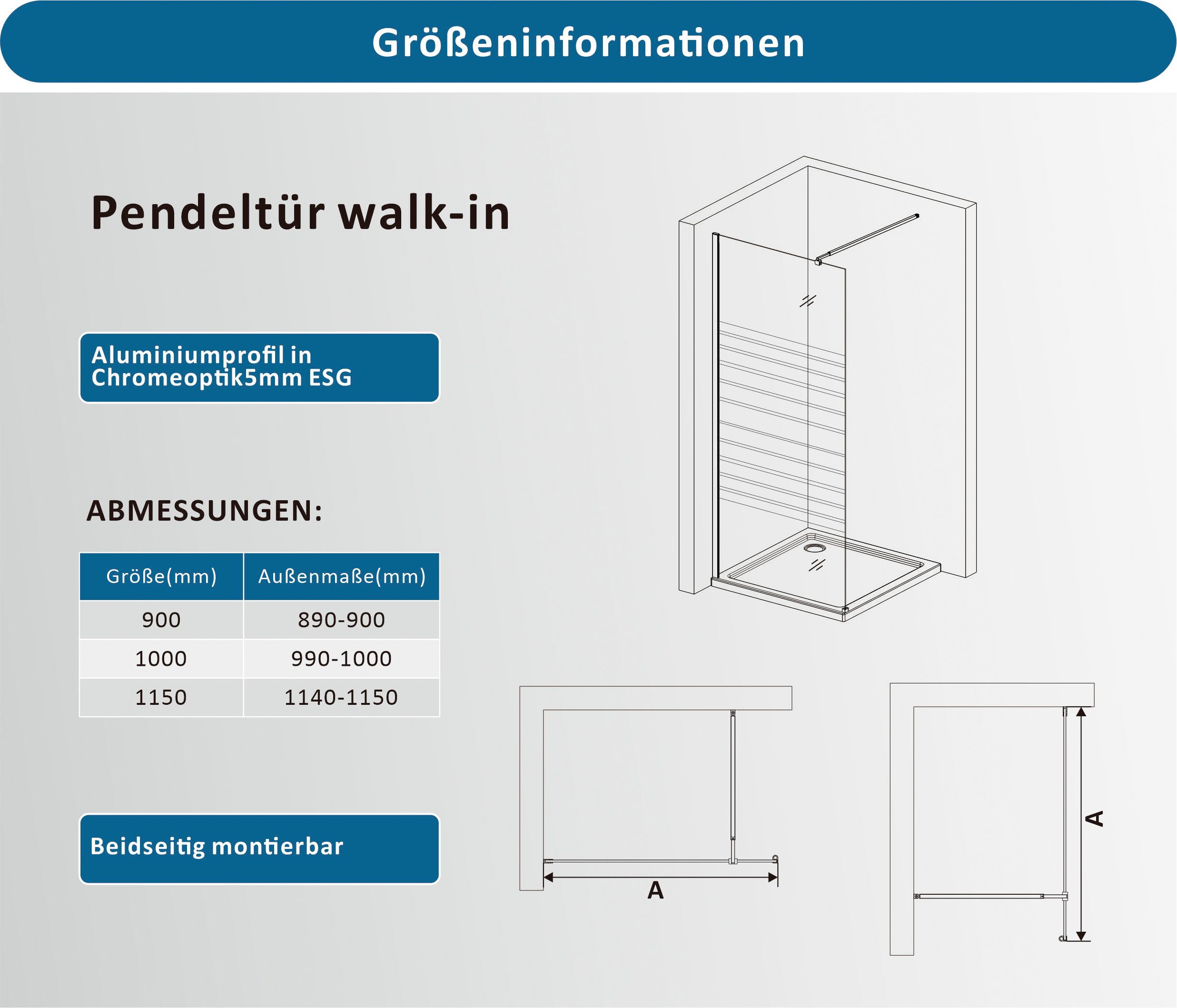 welltime Walk-in-Dusche Nassau Single, Einscheibensicherheitsglas, 8mm Starke Scheibe mit Streifendekor