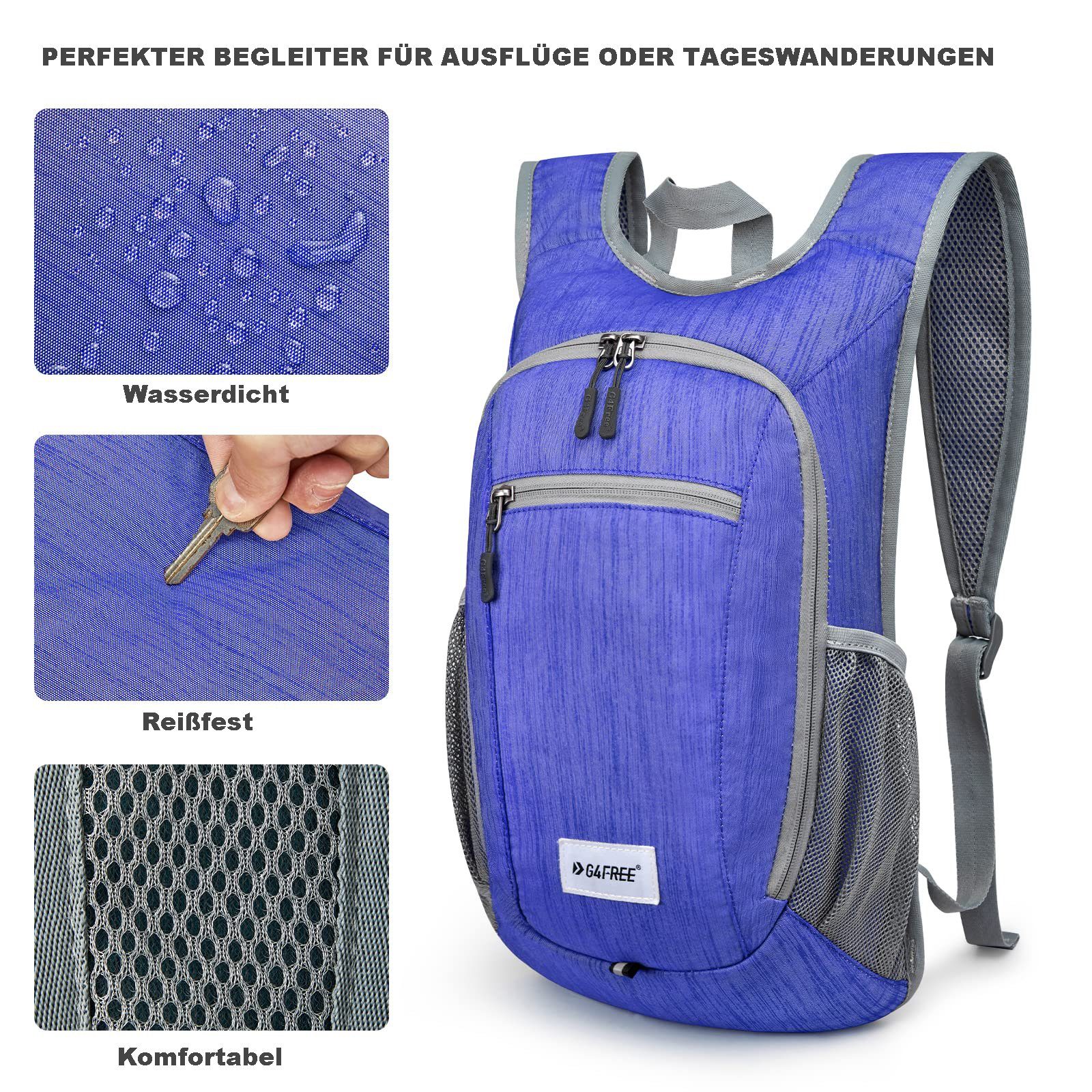 G4Free Wanderrucksack, 15L Kleine Reise Outdoor Faltbare Blau Umhängetasche