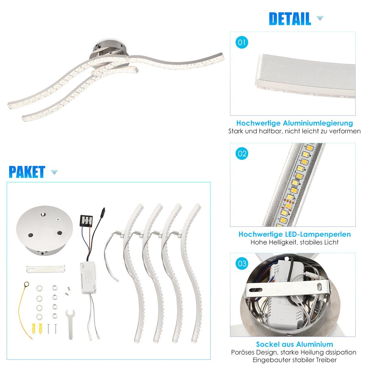 Deckenleuchte Küchen Wohnzimmer, LETGOSPT 36W 3-farbige für Schlafzimmer, Deckenleuchte Geschwungene wellenförmig DeckenLampe Dimmbar,