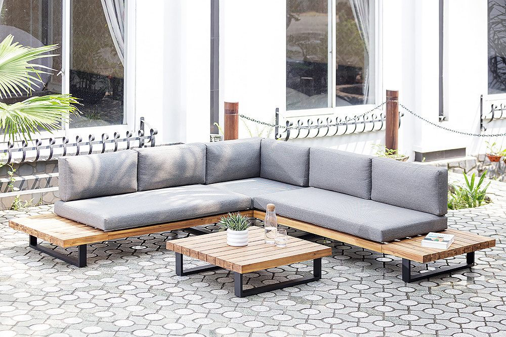 riess-ambiente Gartenlounge-Set ST. BARTH 255cm grau natur – Outdoor Sitzecke inkl. Tisch & 9 Kissen, (Set, 2-tlg., Sitzecke, Tisch, 3x Sitzkissen, 6x Rückenkissen), wetterbeständige Sitzgruppe, moderne Outdoor Terrassenmöbel