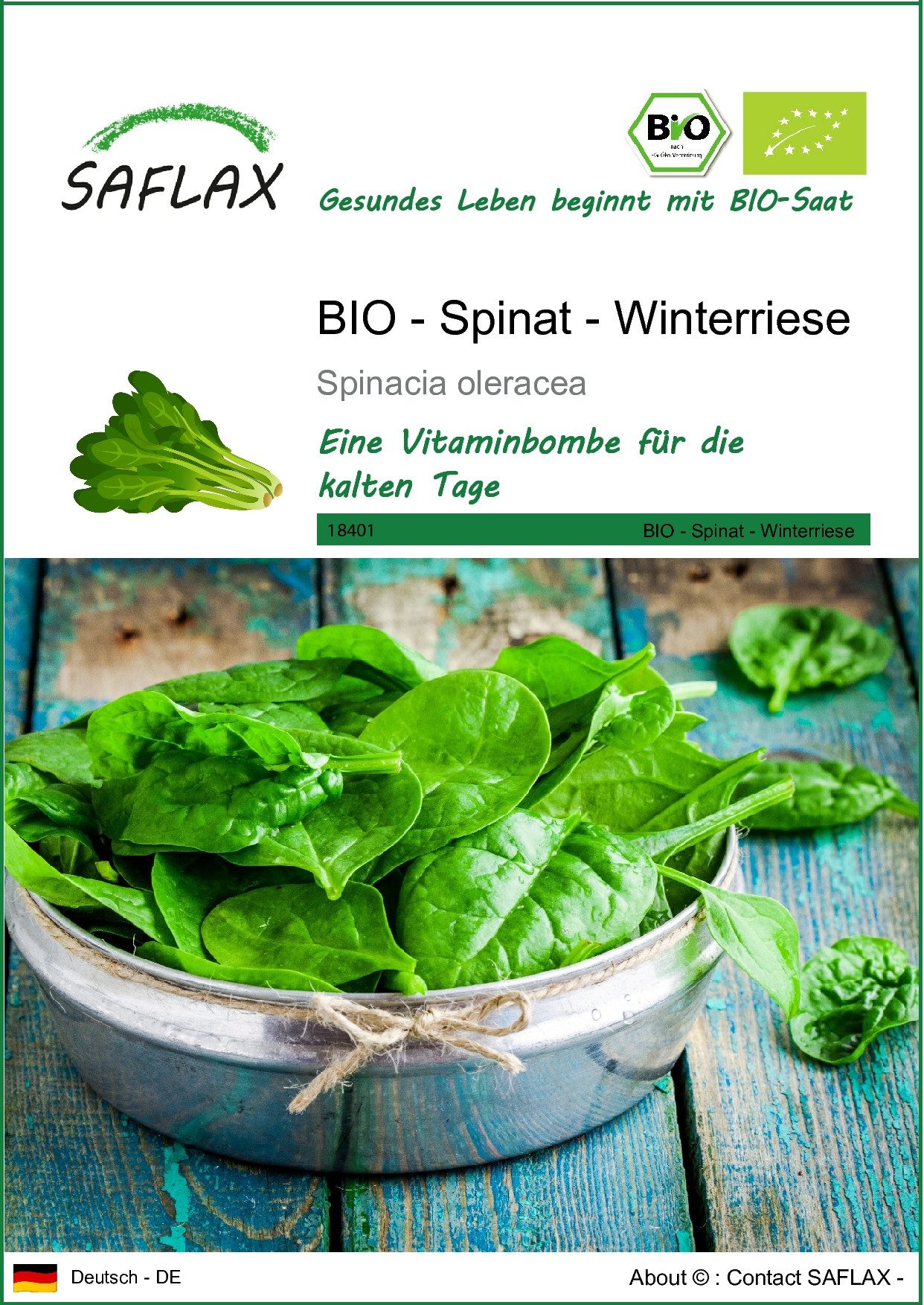 Gemüsesamen SAFLAX - Samen - BIO - Spinat - Winterriese