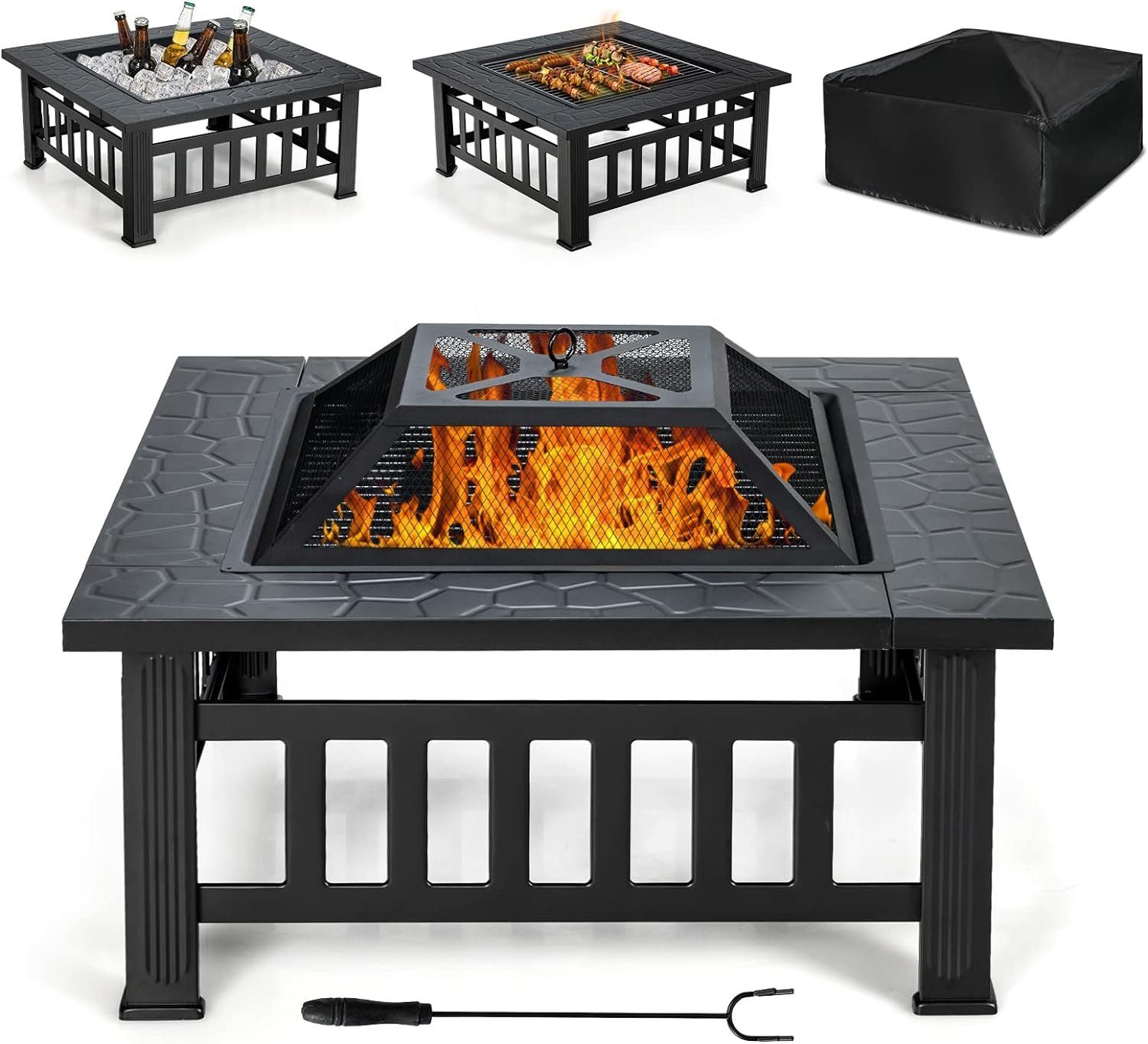 KOMFOTTEU Feuerstelle 3 in 1 Feuerstelle, mit Schürhaken & Grillrost & Deckel
