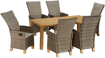 MERXX Garten-Essgruppe Toskana Deluxe, (13-tlg., 6 Hochlehner Sessel, 1 Tisch 185x90 cm, inkl. Auflagen), Aluminium, Polyrattan, Akazienholz FSC 100 %, geeignet für 6 Personen