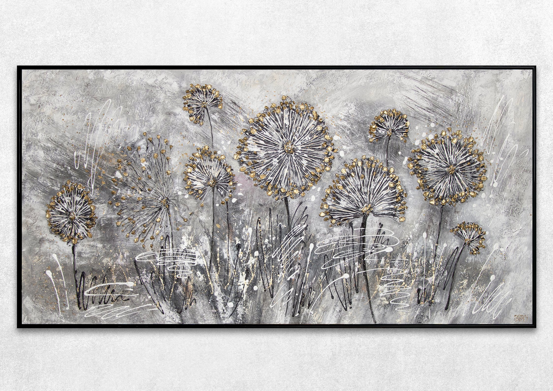 YS-Art Gemälde Frühlingsblumen, Blumen, Löwenzahn Leinwand Bild Handgemalt Gold Grau Schwarz Blumen