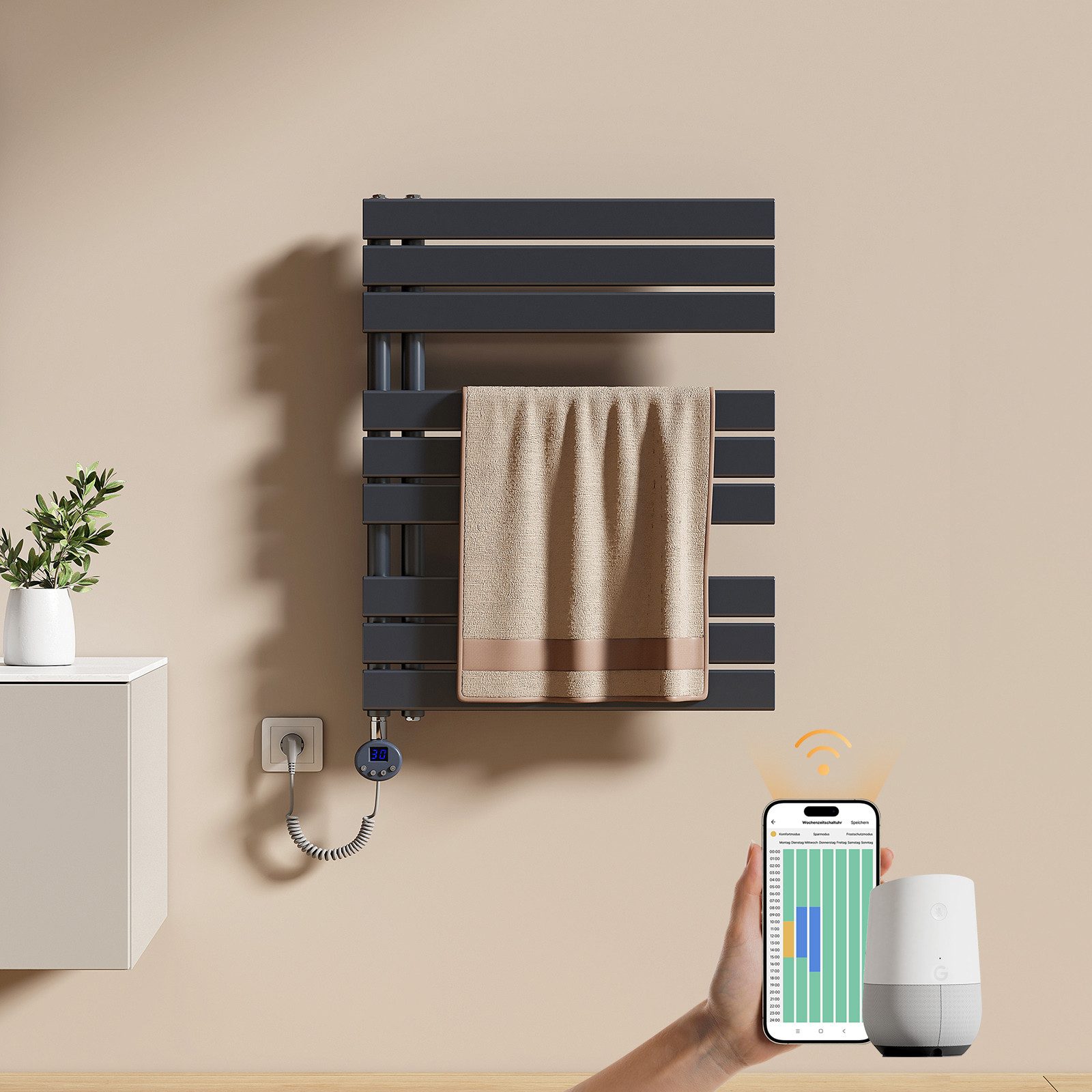 EMKE Elektrischer Badheizkörper Handtuchheizkörper mit Heizstab Wandheizung Seitenanschluss, Anthrazit 4 Heizmodi, IPX4, Kindersicherung 400W~1000W