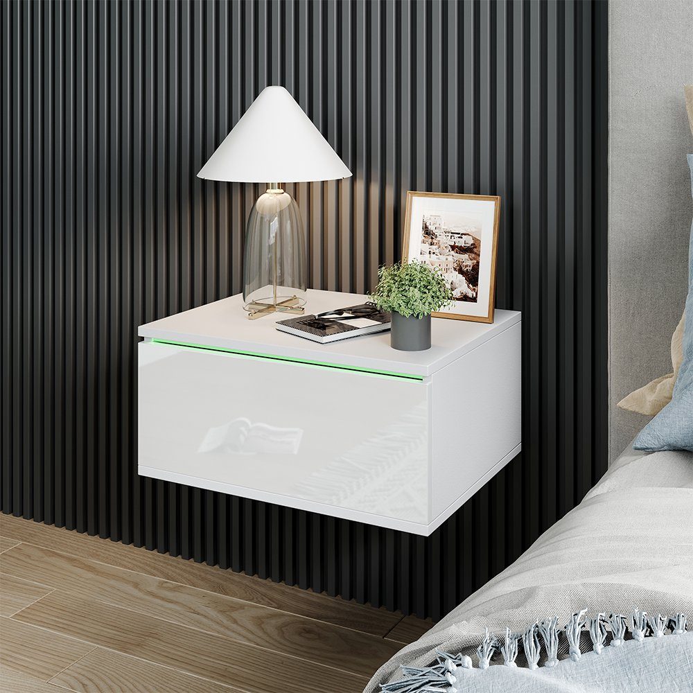 Vicco Nachtschrank Samira, Weiß, 49 x 23 cm Mit LED Beleuchtung