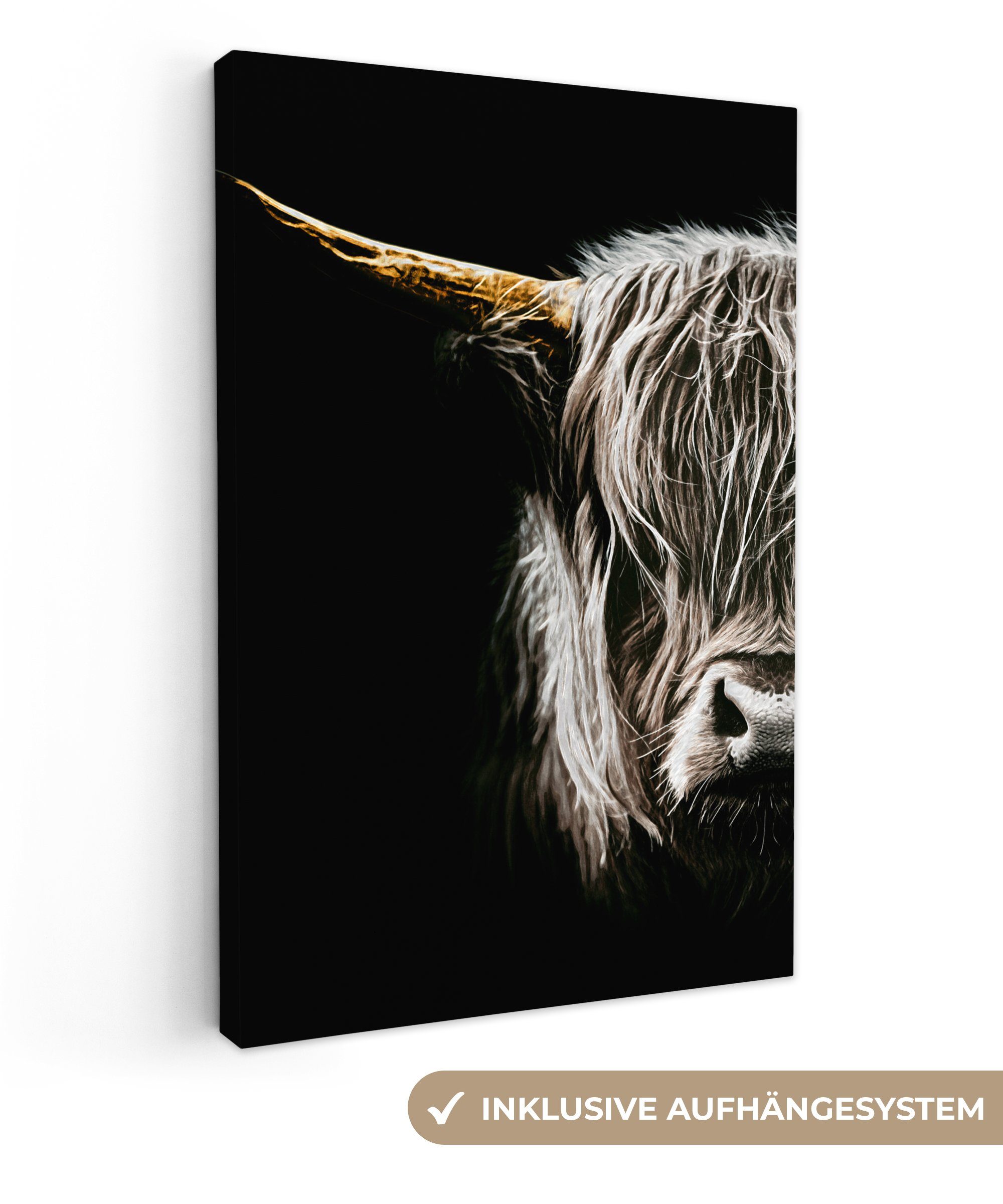 OneMillionCanvasses® Leinwandbild Schottischer Highlander - Porträt - Hoorn, (1 St), Leinwandbild fertig bespannt inkl. Zackenaufhänger, Gemälde, 20x30 cm