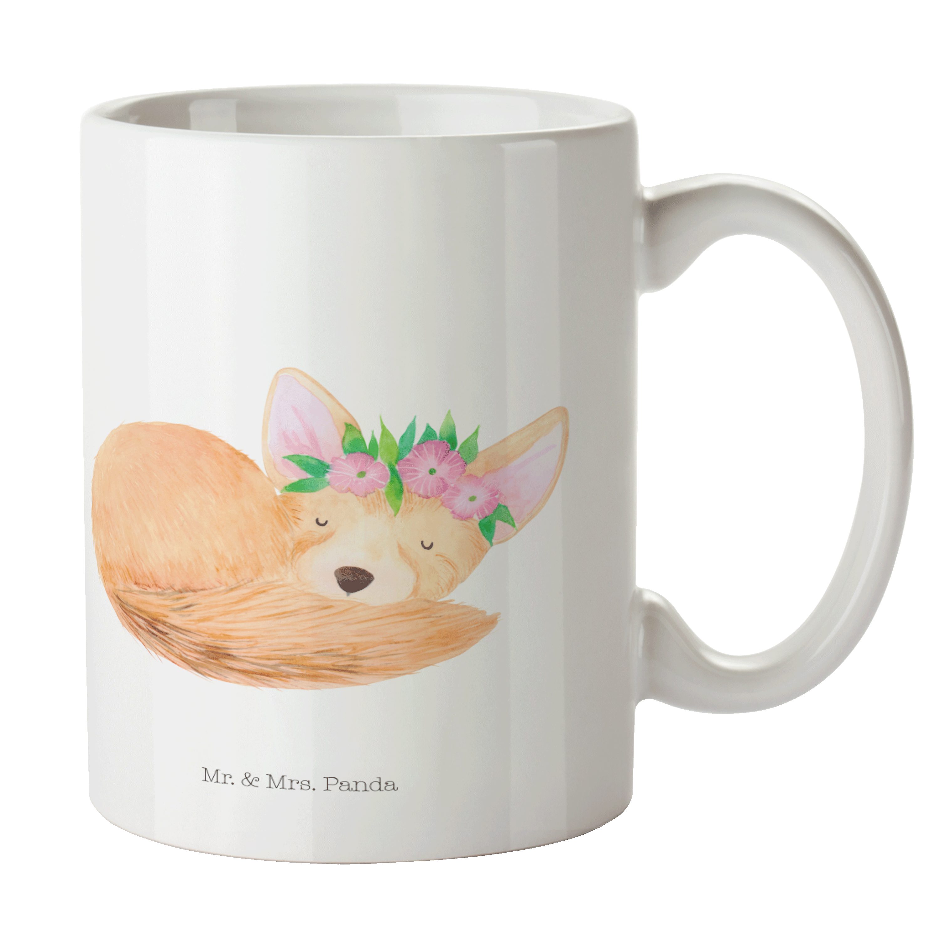 Mr. & Mrs. Panda Tasse Wüstenfuchs Blumenkranz - Weiß - Geschenk, Wildtiere, Geschenk Tasse, Keramik