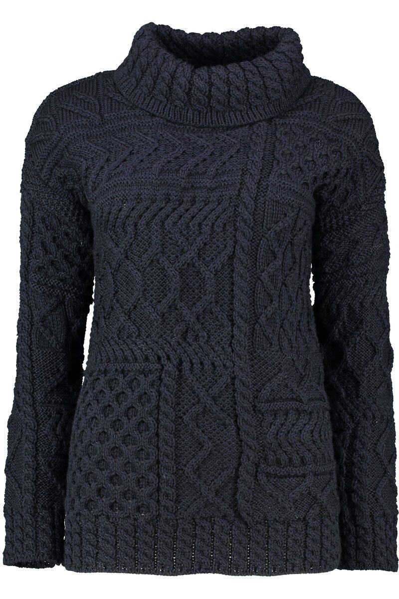 Carraig Donn Strickpullover Rollkragen-Pullover marine im typischen Irland Aran Strick