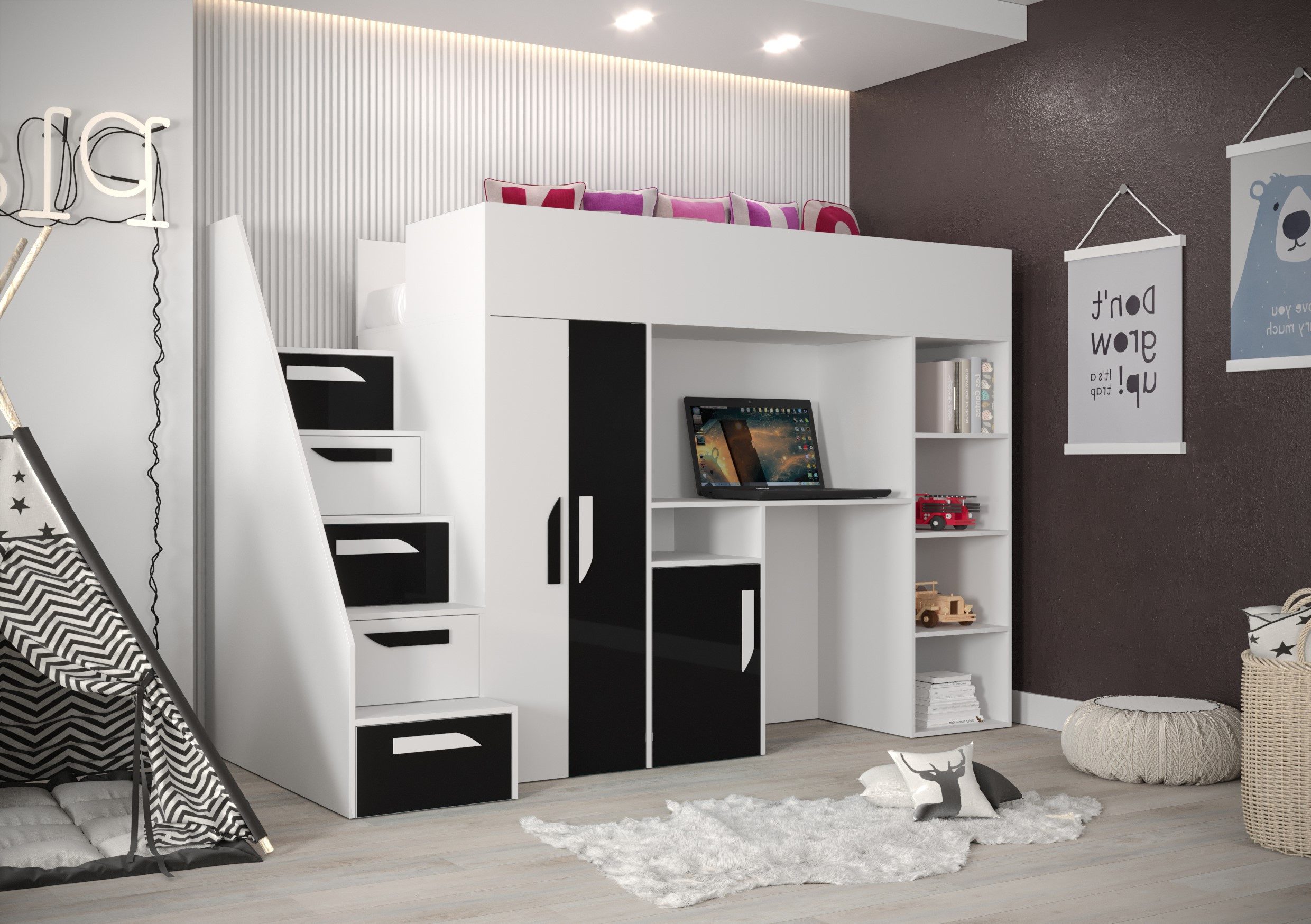 ABIKS MÖBEL Hochbett PARTY 14 Etagenbett für Jugendliche mit Schreibtisch, Kleiderschrank