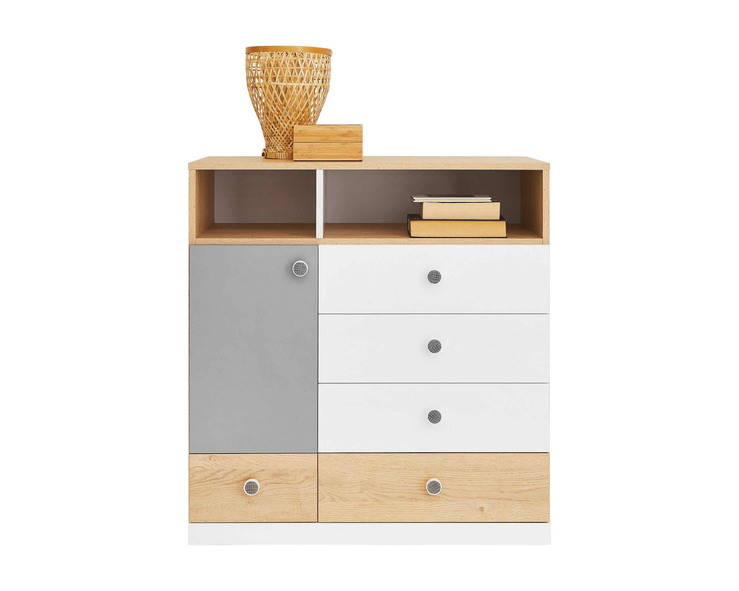 Deine Möbel 24 Kommode POKO 09 85 / 90 / 40 cm [B/H/T], in Biskuiteiche / Weiß Lux / Grau