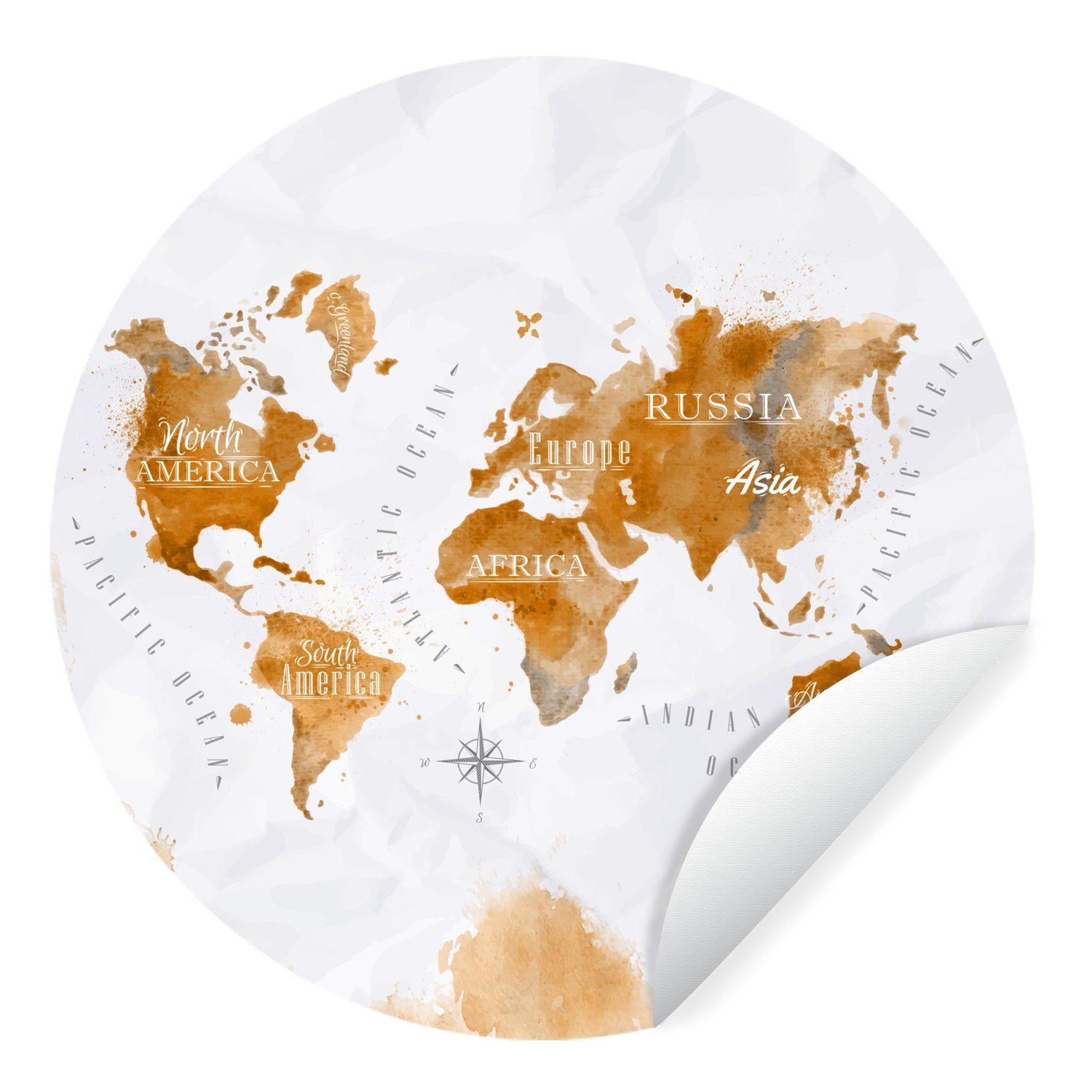 MuchoWow Wandsticker Karte - Gold - Welt (1 St), Tapetenkreis für Kinderzimmer, Tapetenaufkleber, Rund, Wohnzimmer