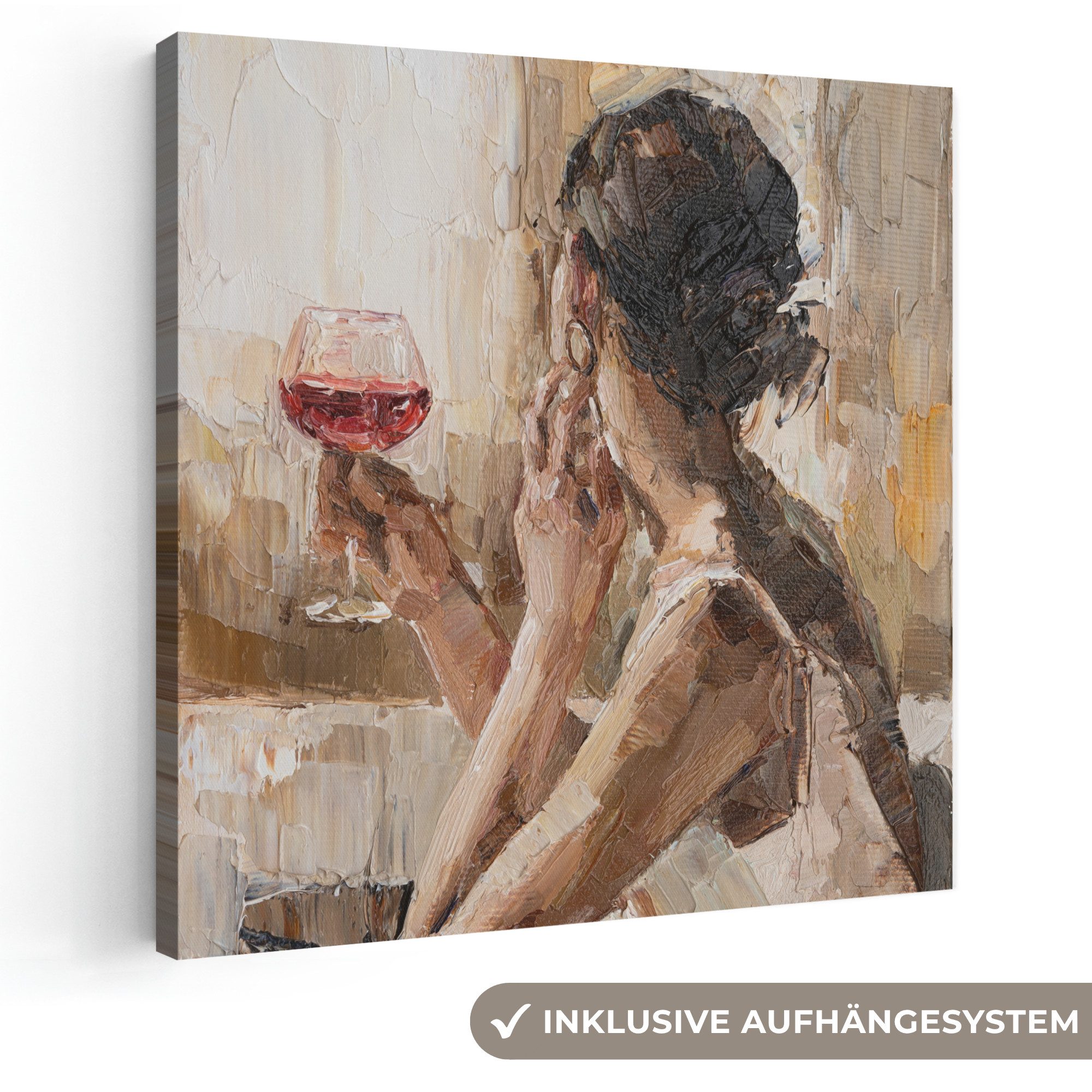 OneMillionCanvasses® Leinwandbild Kunstdrucke - Ölfarbe - Frau - Wein, Fotodruck (1 St), Wandbild, Deko Schlafzimmer Wohnzimmer Flur 20x20 cm