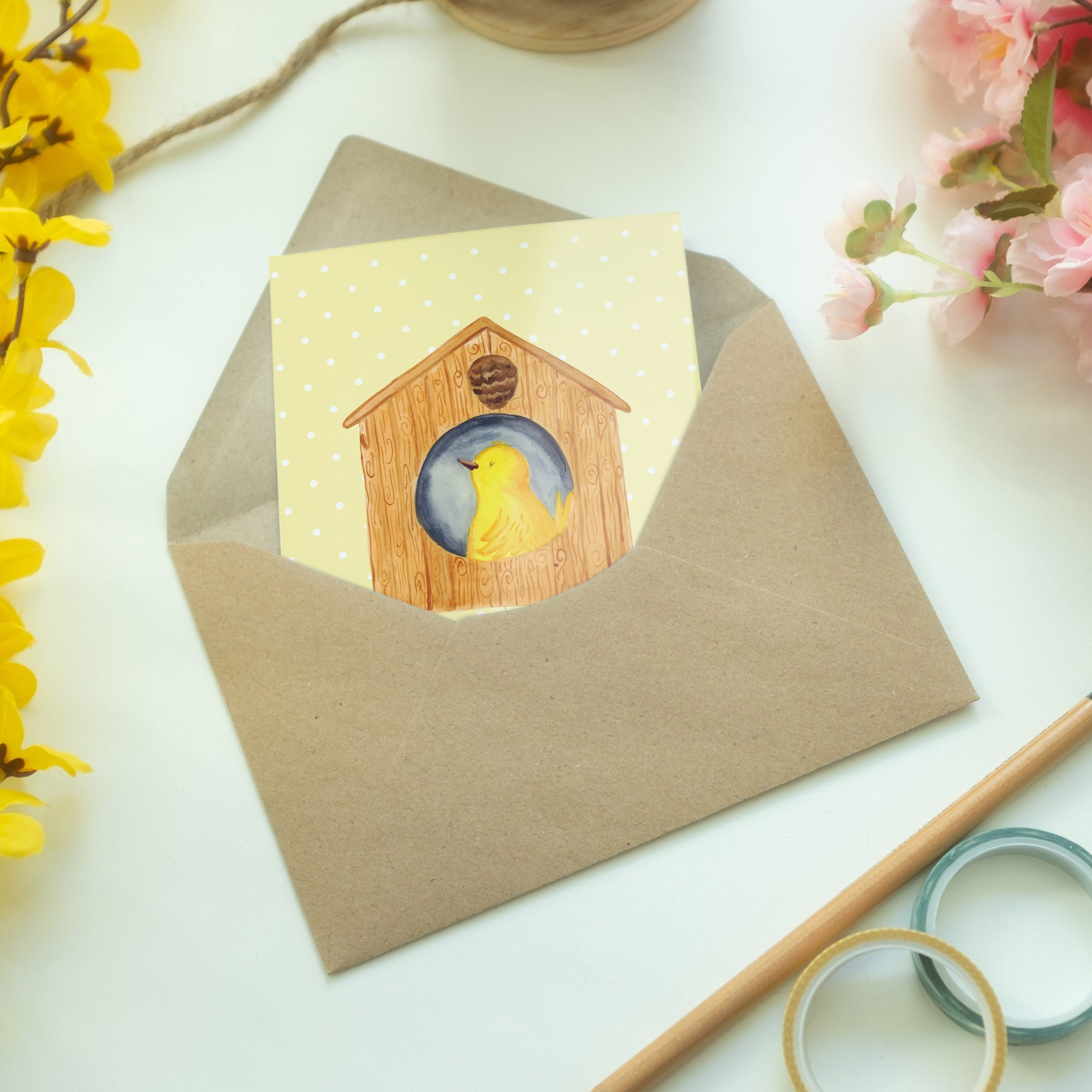 Geb Einladungskarte, Geschenk, & Pastell Tiermotive, Mr. - - Vogelhaus Gelb Mrs. Grußkarte Panda