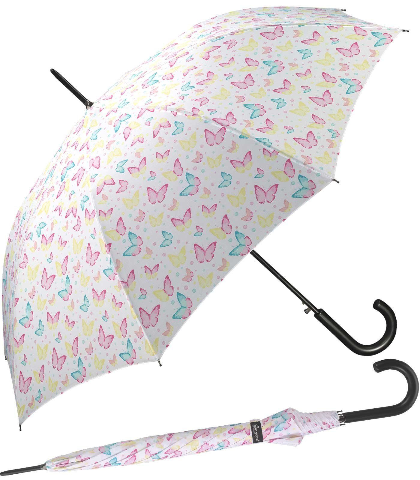 HAPPY RAIN Langregenschirm großer Damen-Regenschirm mit Auf-Automatik, zauberhafte Schmetterlinge in zarten Pastellfarben