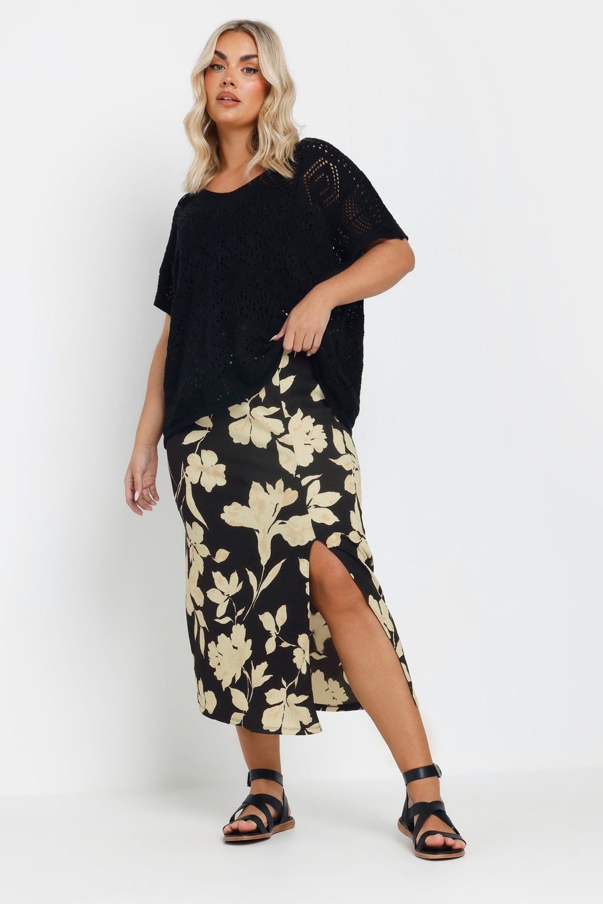 Stil Diva Midirock Rock aus Crêpe-Stoff in großen Größen mit Schlitz und elastischem Bund