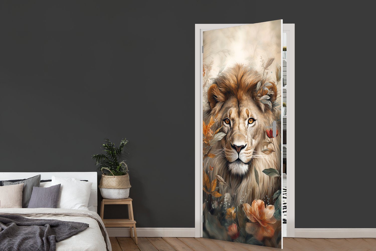 - - - Löwe Tür, cm Natur Blumen, - Wildtiere für (1 MuchoWow Pflanzen Türtapete St), Fototapete Türaufkleber, 75x205 Matt, bedruckt,