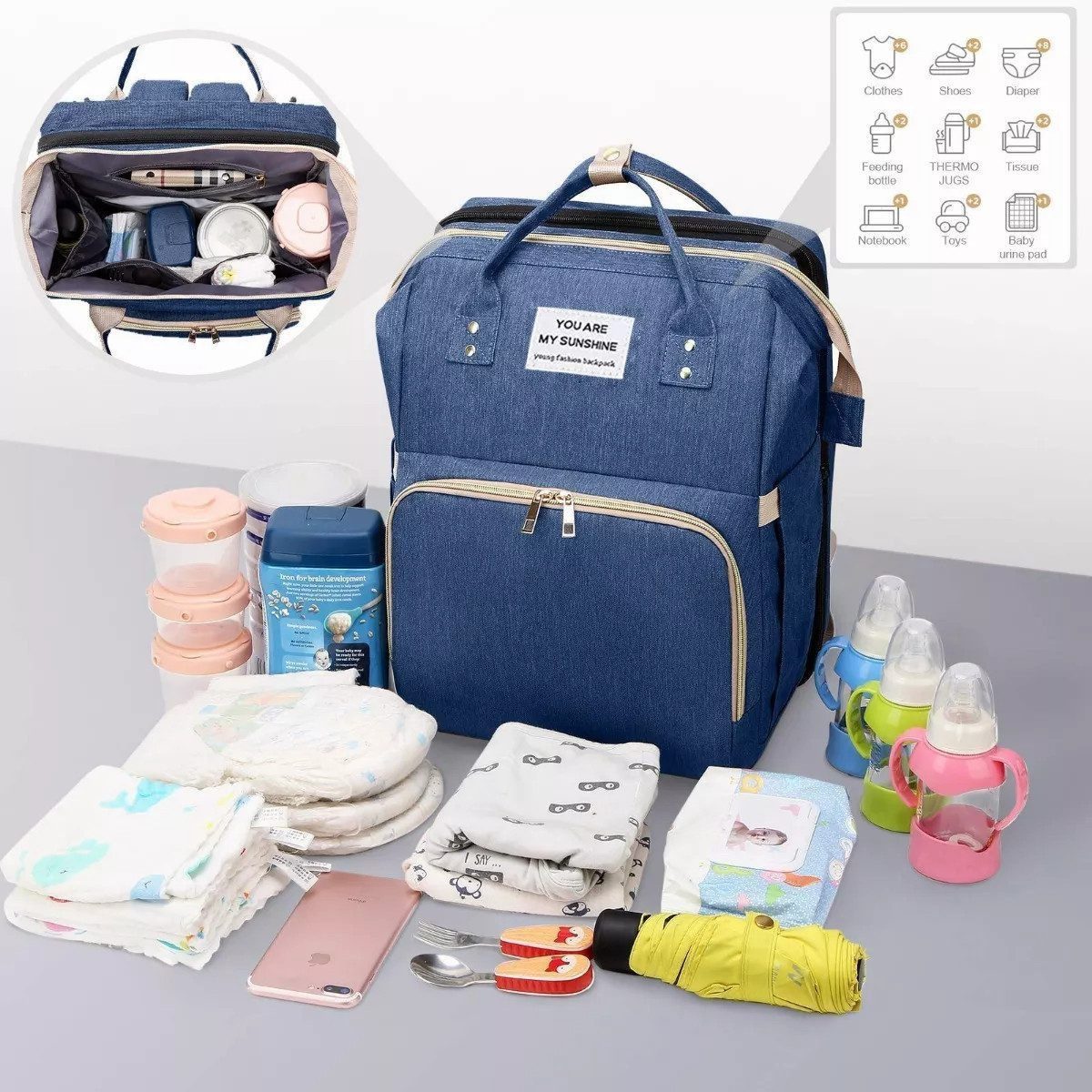 Vivitar Wickeltasche mit Tragbarem Reisebett, Große Kapazität und Isolierten Fächern (Isolierte Fächer, Ergonomisch und Robust, 4-in-1 multifunktionale Wickeltasche, Große Kapazität, Viele Fächer mit Isolierter Flaschentasche, 3-tlg), Langlebiger, Wasserabweisender Babyrucksack für Mama und Papa