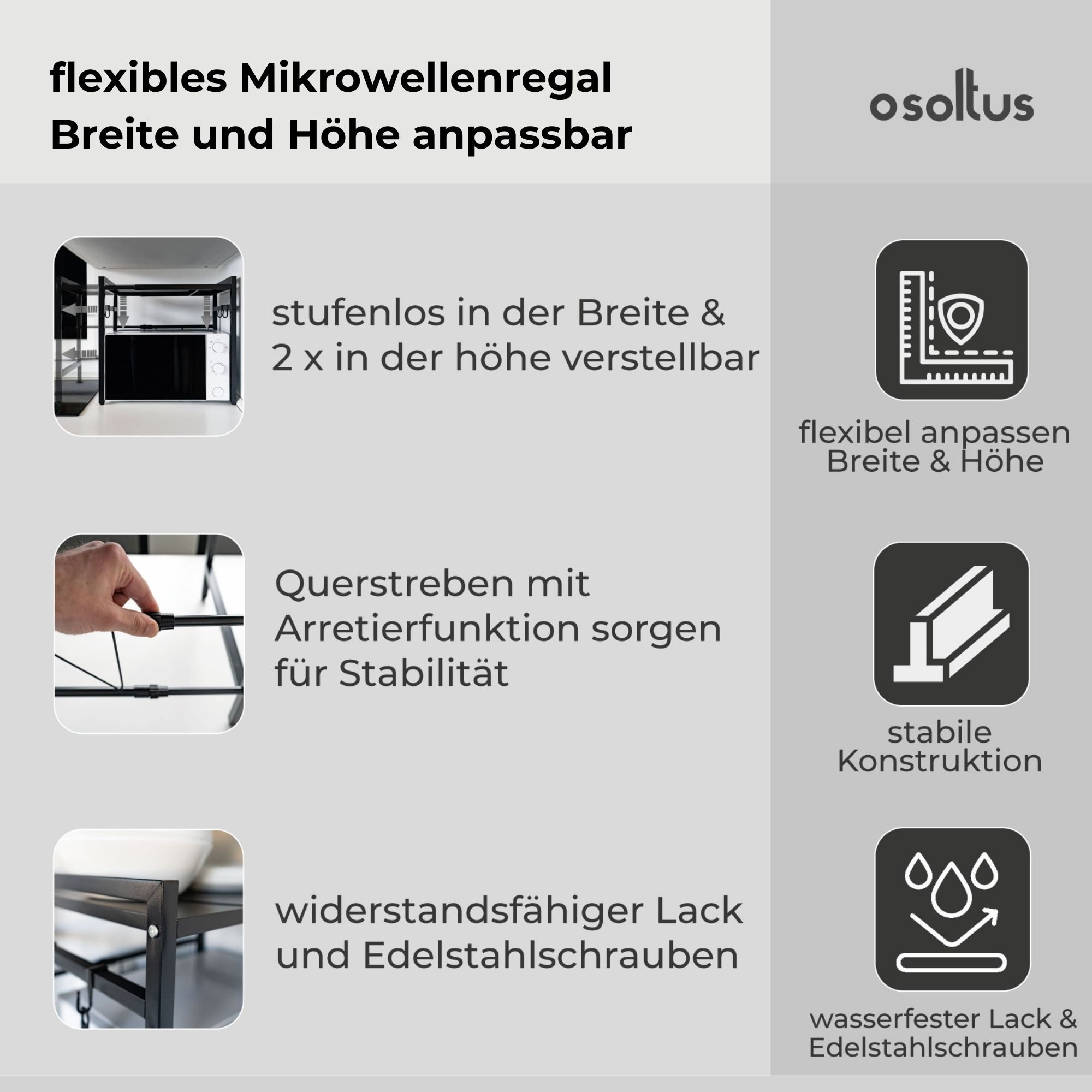 osoltus Mülleimer Küchenregal verstellbar L.40-60 cm x T36 cm x H46 cm schwarz – Bild 5 von 5