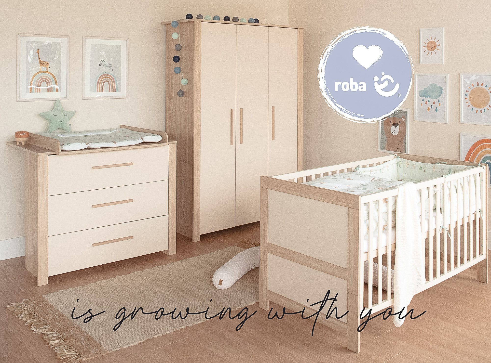 roba® Momo Baby Room Complete Set - Modern Wooden Nursery - Cashmere - Artisan Oak Decor, (3-piece set, 3-piece set, cot 70 x 140 cm, changing table with 3 drawers, wardrobe), cot: removable bars & 3-way height adjustable - Beige / Cashmere
