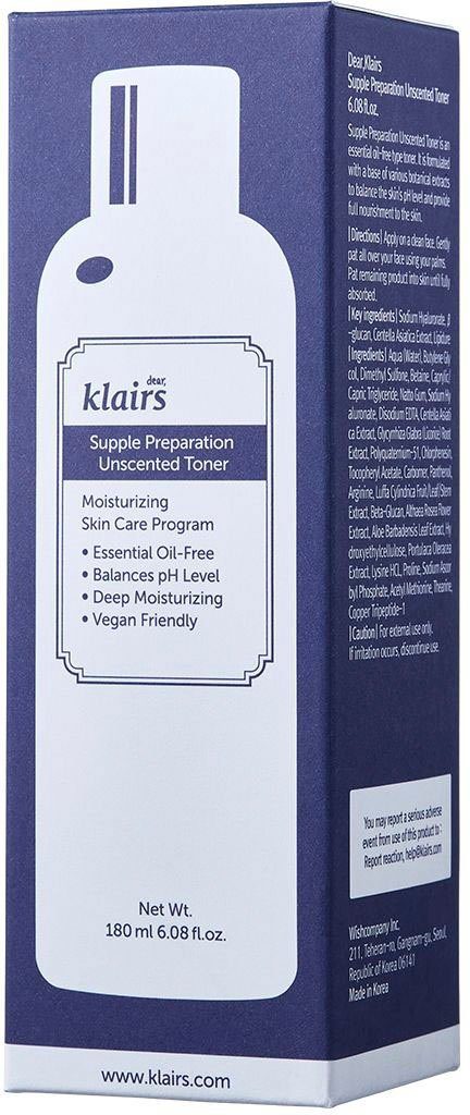 Dear Klairs Toner SUPPLE PREPARATION UNSCENTED TONER, spendet Feuchtigkeit, beruhigt empfindliche Haut, pH Wert von 5.