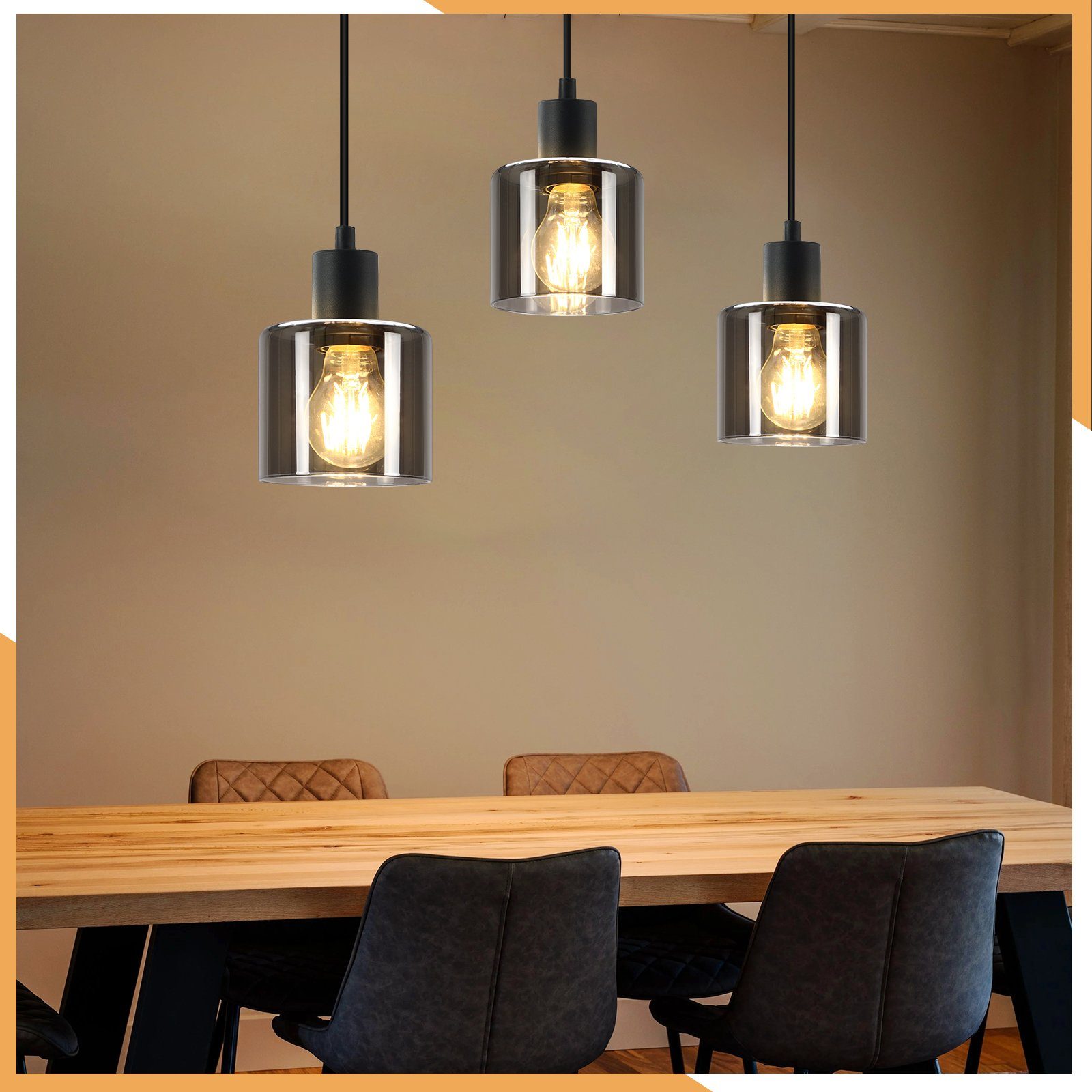 ZMH Pendelleuchte Esstischlampe Hängend Hängeleuchte Schwarz/Berstein - E27 Vintage Flur, ohne Leuchtmittel, Höhenverstellbar für Hotel Büro Vintage Esszimmerla – Bild 4 von 5