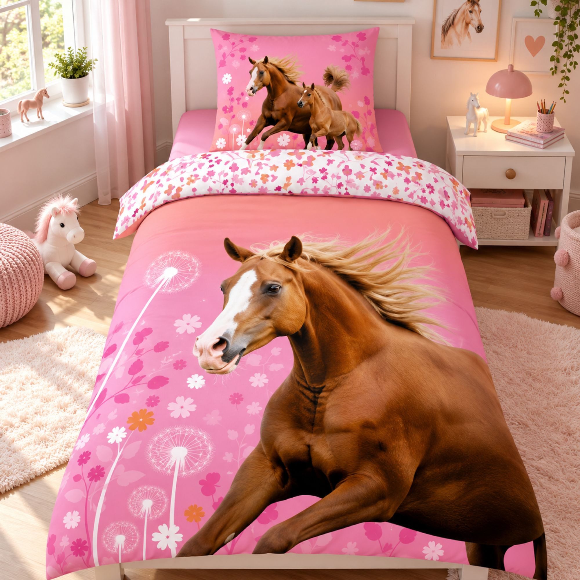 Familando Kinderbettwäsche Pferde 135x200 80x80 cm Mädchen Bettwäsche Rosa Horse Floral, Renforcé, 2 teilig, 100% Baumwolle; mit geblümter Wendeseite