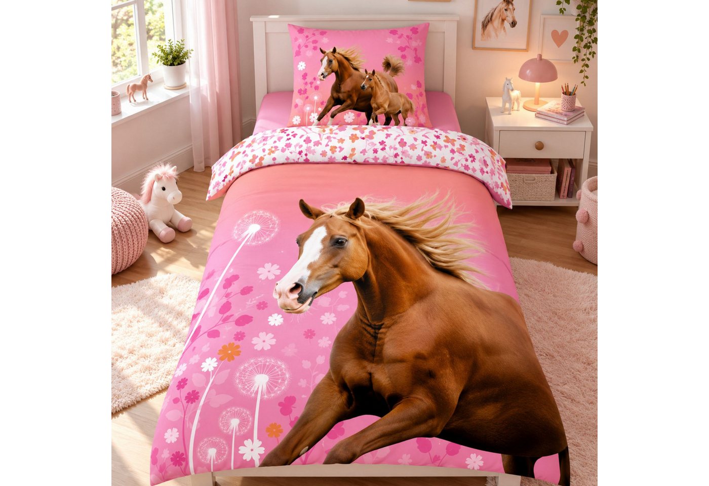 Familando Kinderbettwäsche Pferde 135x200 80x80 cm kuschelig warme Winter Bettwäsche Rosa, Flanell, 2 teilig, 100% Baumwolle, mit geblümter Wendeseite für Mädchen