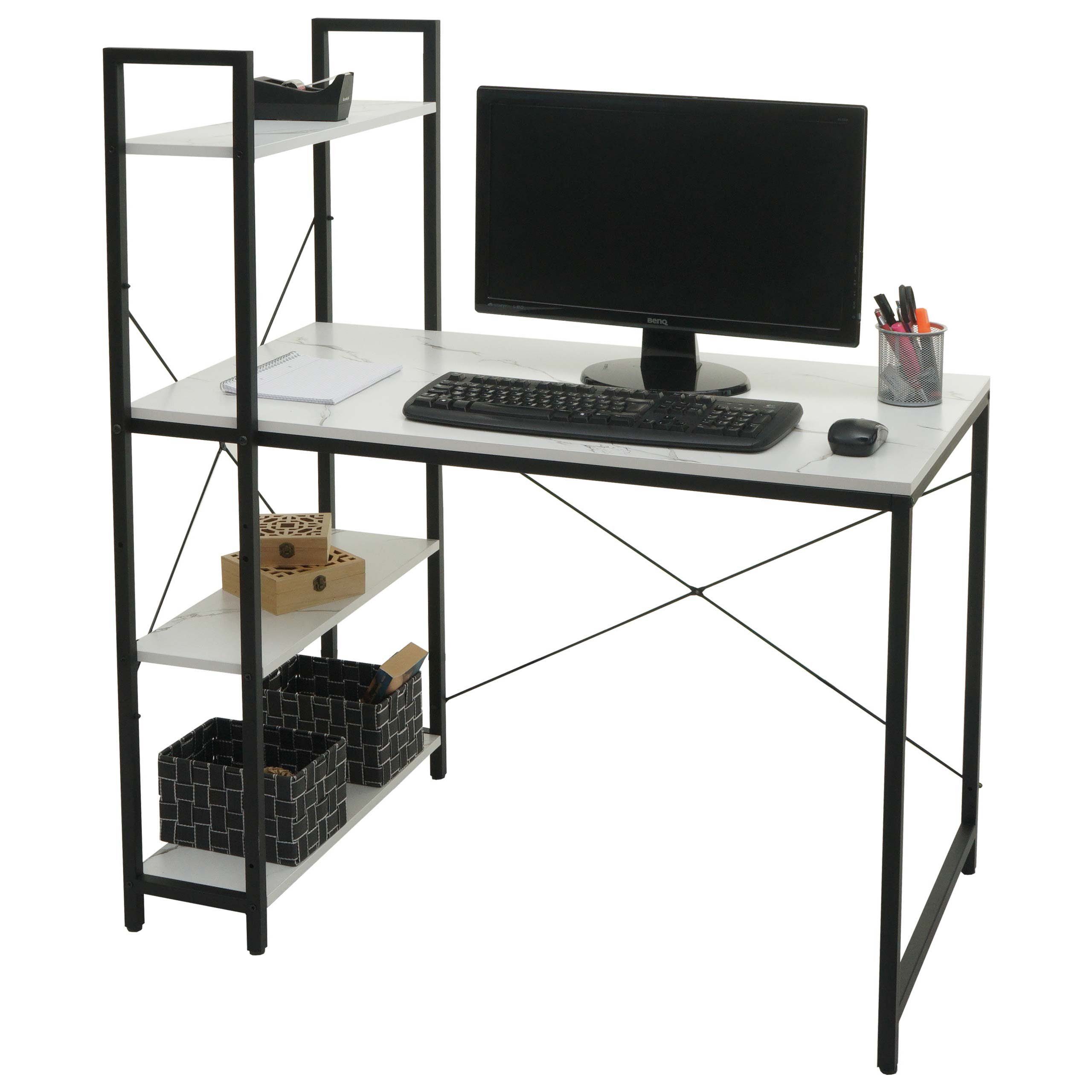 MCW Schreibtisch MCW-K81, Mit 4 mit Struktur Marmor-Optik Tischplatte weiß Regalböden, weiß | Marmor-Optik