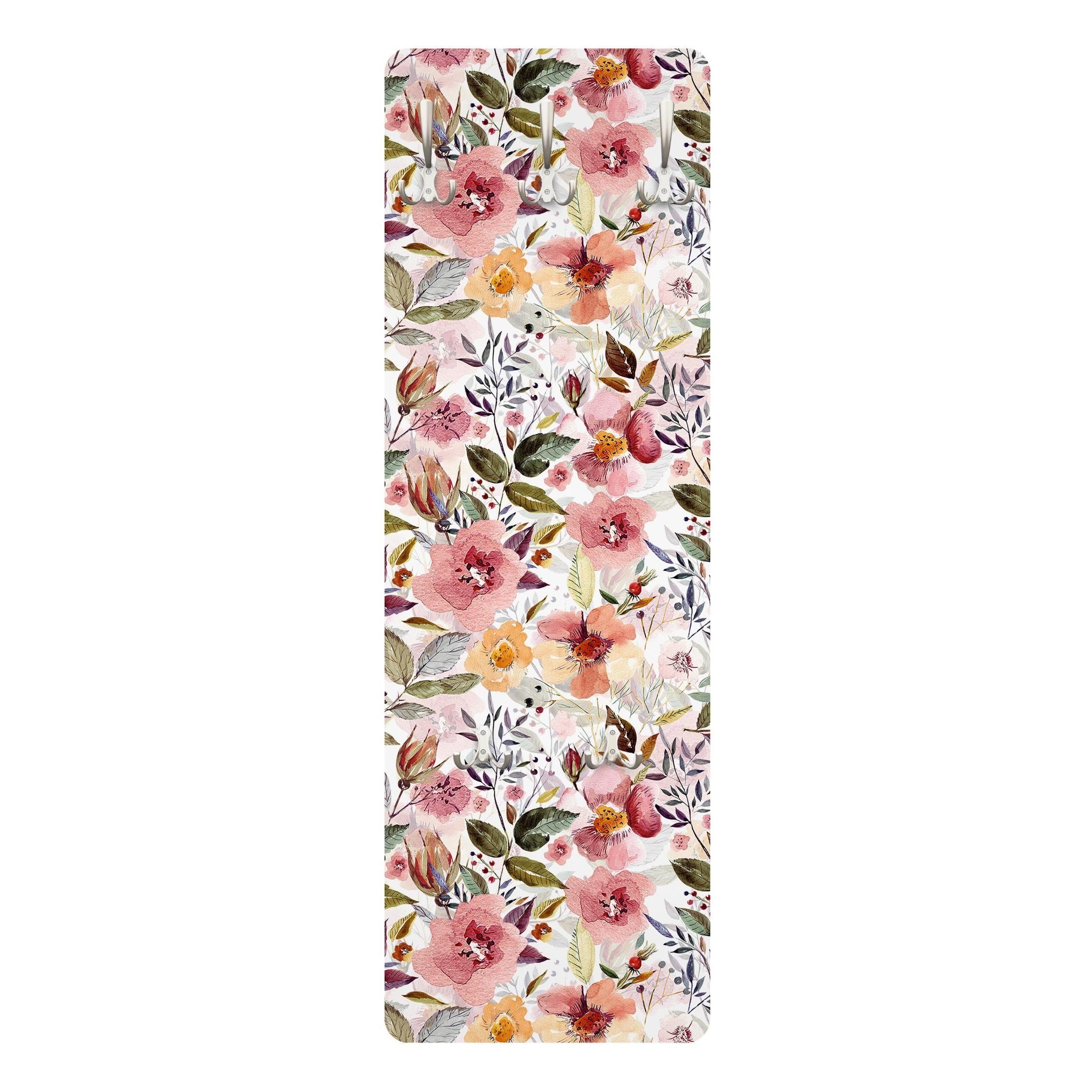 Bilderdepot24 Garderobenpaneel bunt Aquarell Illustration Kunst Muster Bunter Blumenmix mit Aquarell (ausgefallenes Flur Wandpaneel mit Garderobenhaken Kleiderhaken hängend), moderne Wandgarderobe - Flurgarderobe im schmalen Hakenpaneel Design