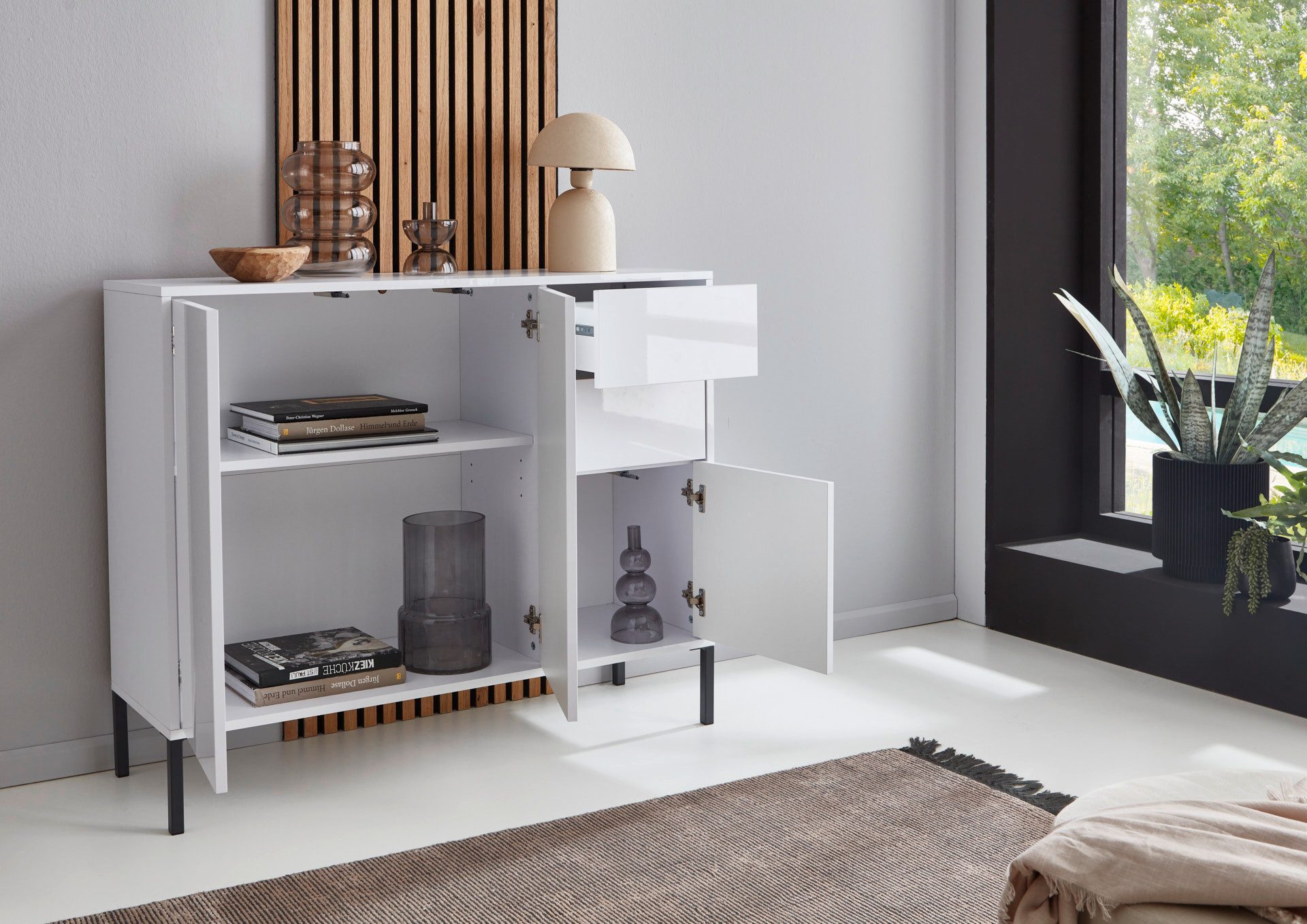 BMG Möbel Kommode Sideboard Mailand Set 6 in verschiedenen Ausführungen (3tlg), mit weiß lackierten Hochglanzfronten und Push-to-open-Funktion