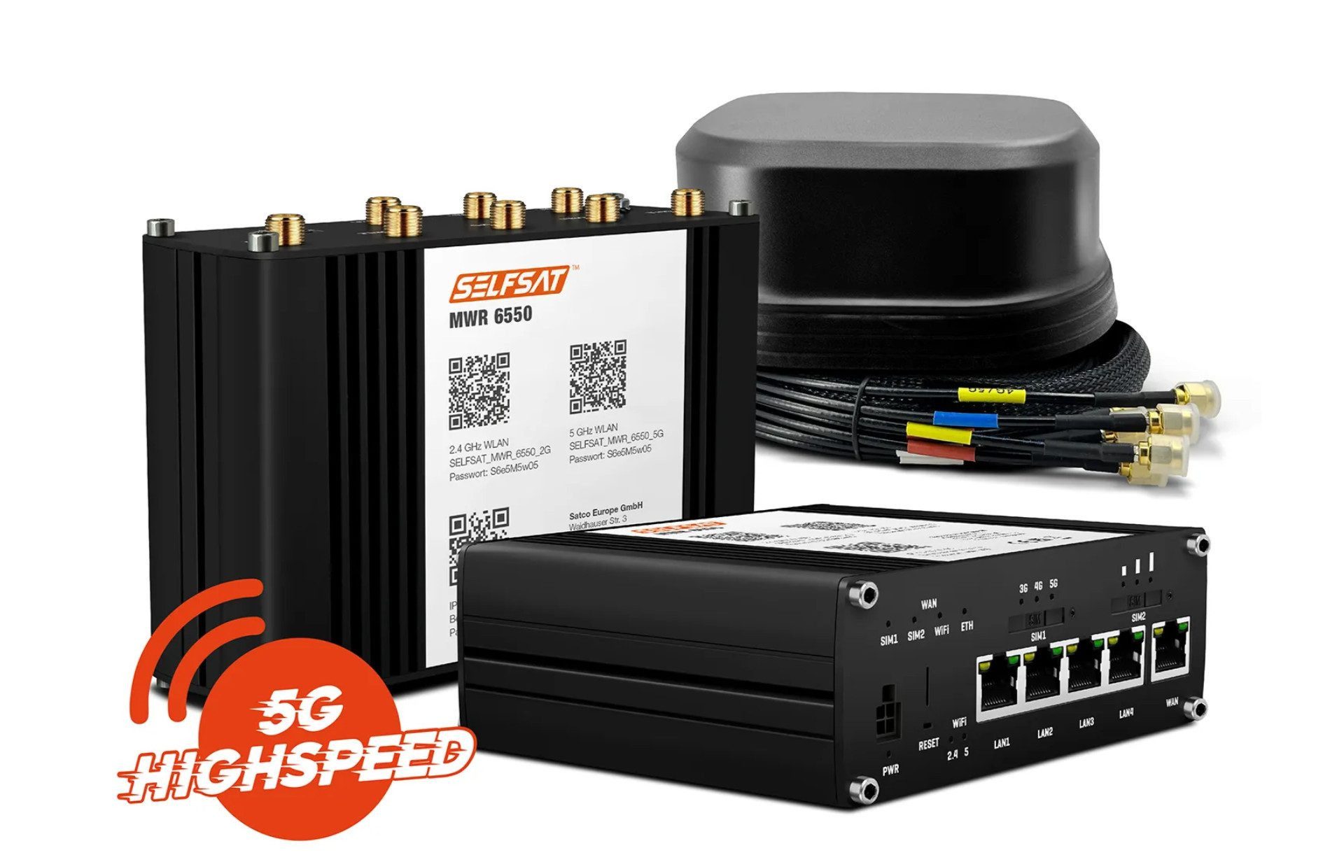 Selfsat MWR 6550 5G Cat 20 WiFi 6 WLAN Router bis 3,4 Gbps + SATCO 5G Antenne WLAN-Antenne