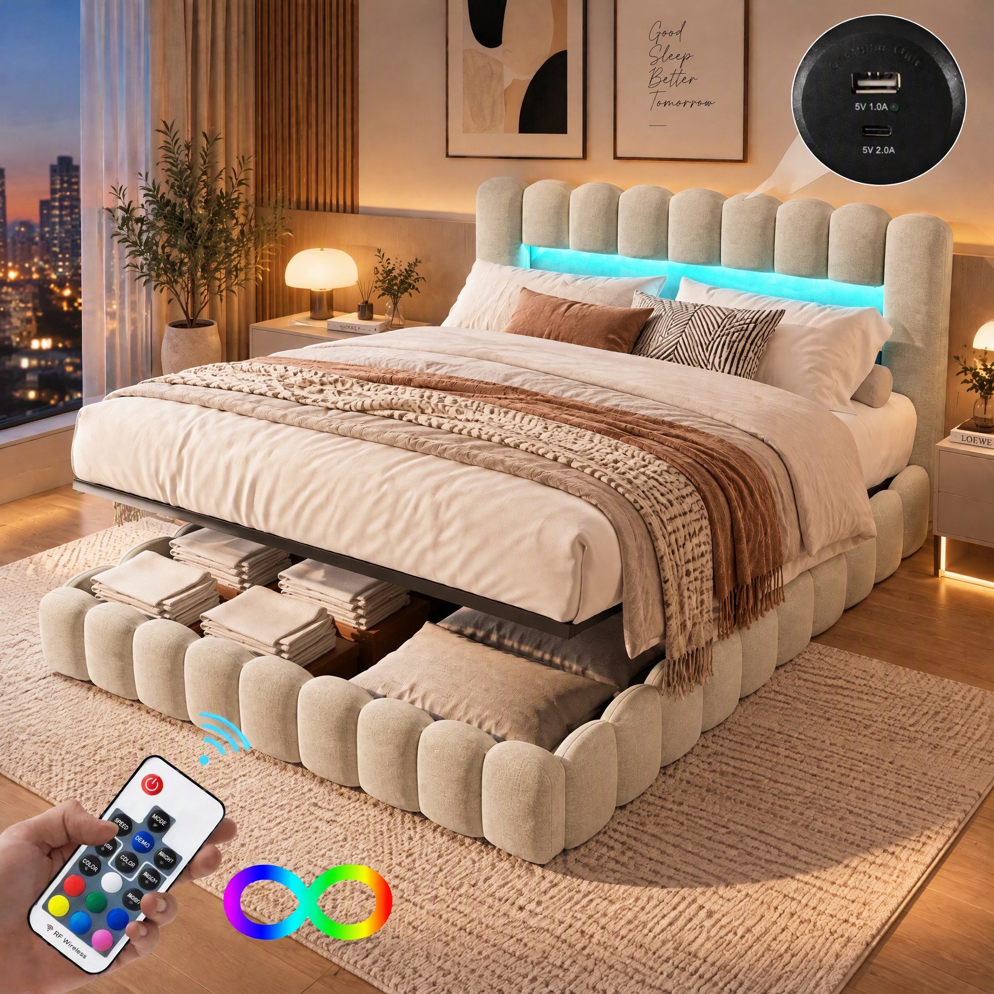 Gdood Polsterbett Stauraumbett Doppelbett LED (Type-C + USB, Hydraulisch hebbarer Stauraum), Mit Bettkasten, LED-Beleuchtung, USB-Anschluss, 140x200 cm