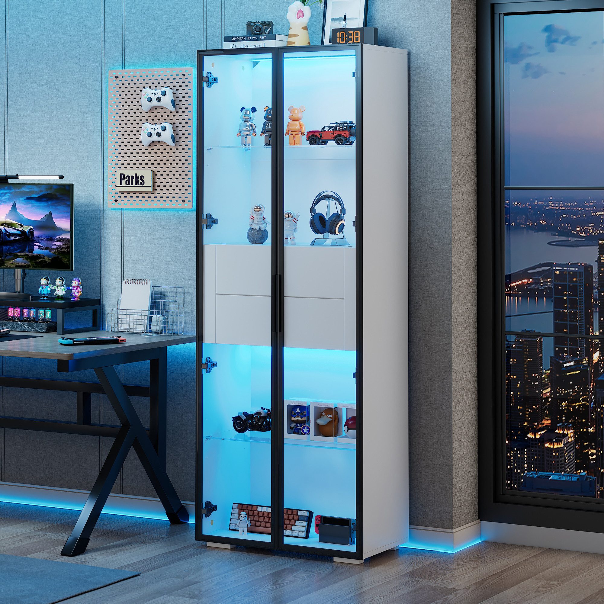 MODFU Vitrine Freistehende Sammlervitrine (Wohnzimmerregal, Dekoschrank, 1-St., 2 Glasboden,2 Schubladen) mit LED-Beleuchtung, Einzeltür aus gehärtetem Glas