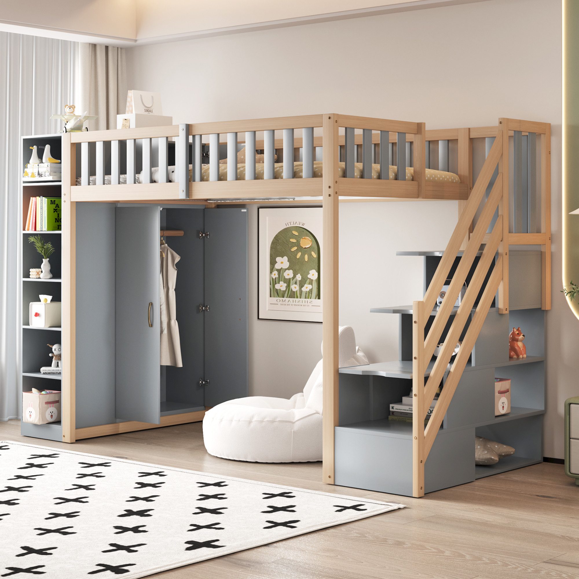 Merax Hochbett 90x200cm mit großem Kleiderschrank (1-St., Etagenbett Jugendbett Einzelbett) Kiefer Kinderbett mit Regalen, Aufbewahrungsschränken & Stauraumtreppe