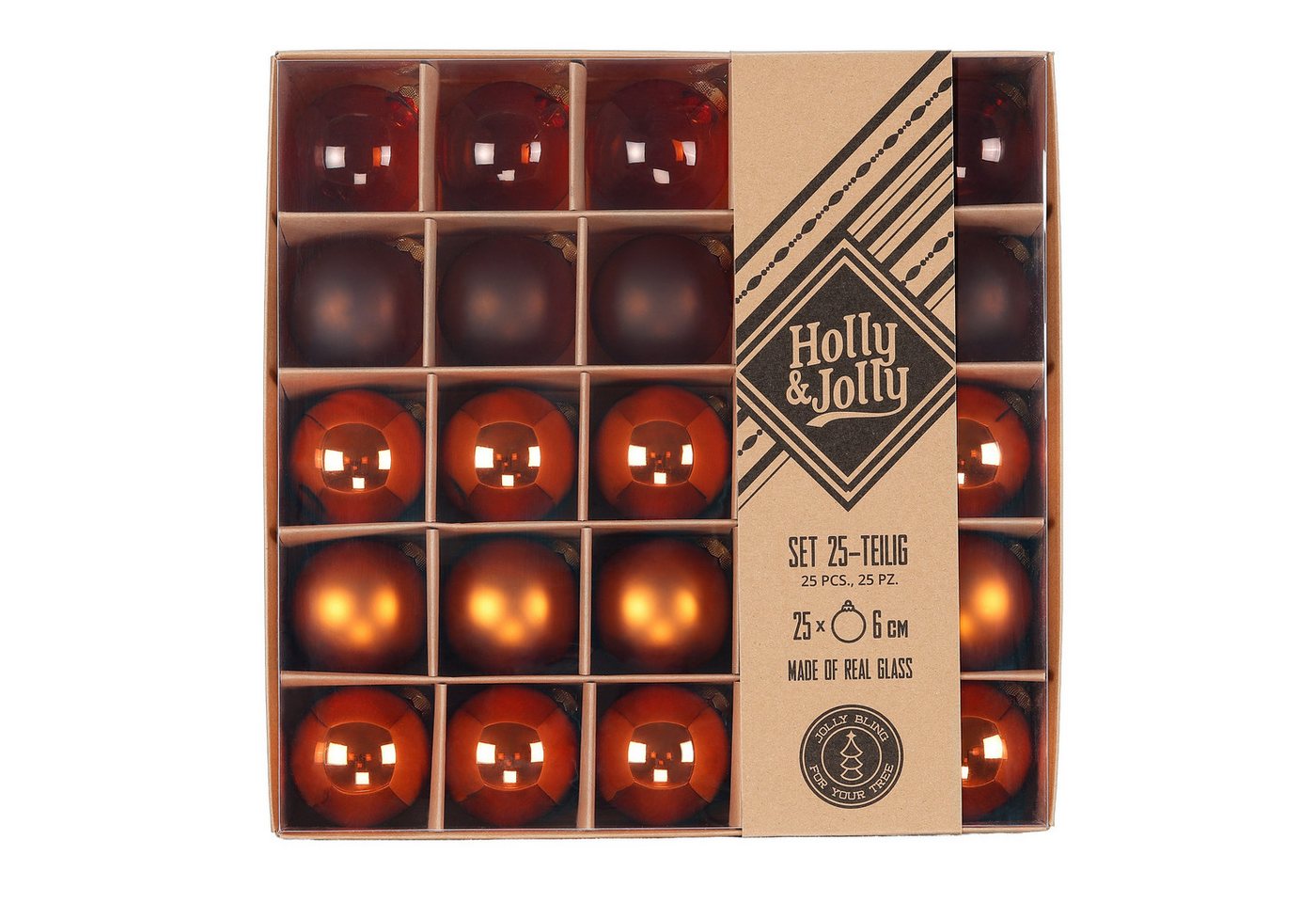 Holly & Jolly Weihnachtsbaumkugel, Weihnachtskugeln Glas 6cm 25 Stück - Amber Orange Flow