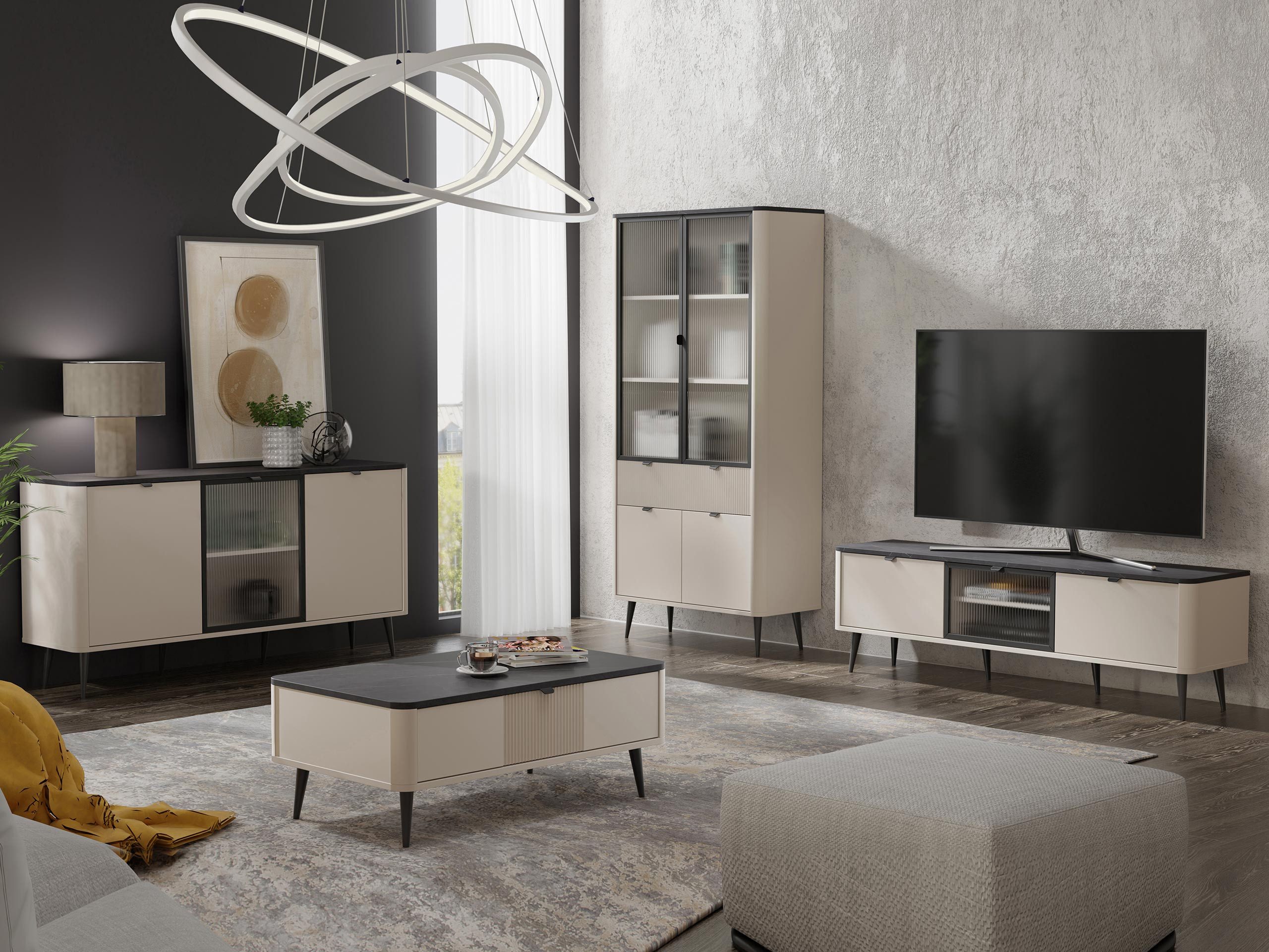 MIRJAN24 Wohnzimmer-Set Marly I, (4er-Set, Vitrine, TV-Lowboard, Kommode, Couchtisch), gedämpftem Schließsystem