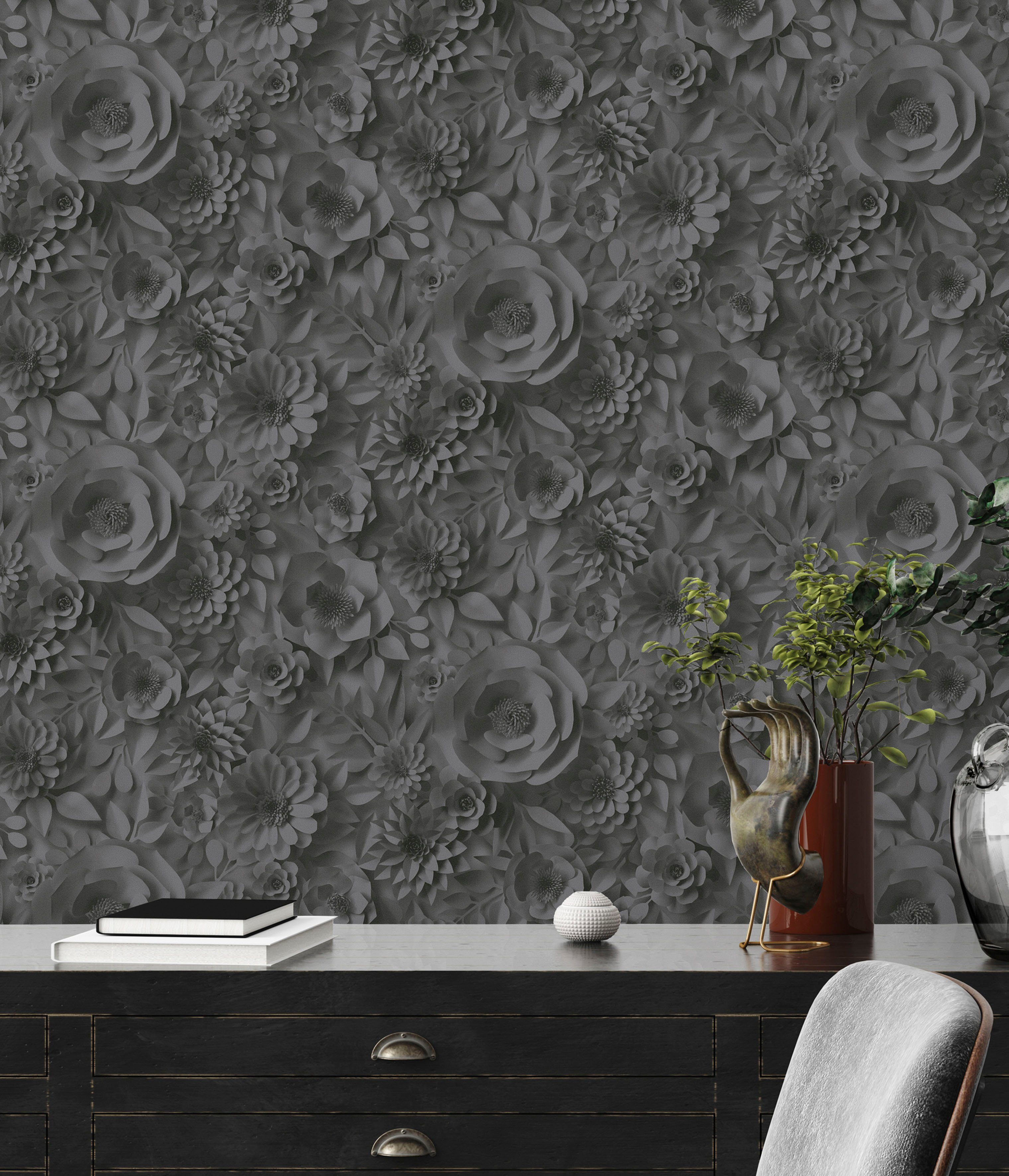 matt, Création PintWalls St), Optik, (1 3D A.S. glatt, schwarz/grau Blumen Vliestapete Blumenwand