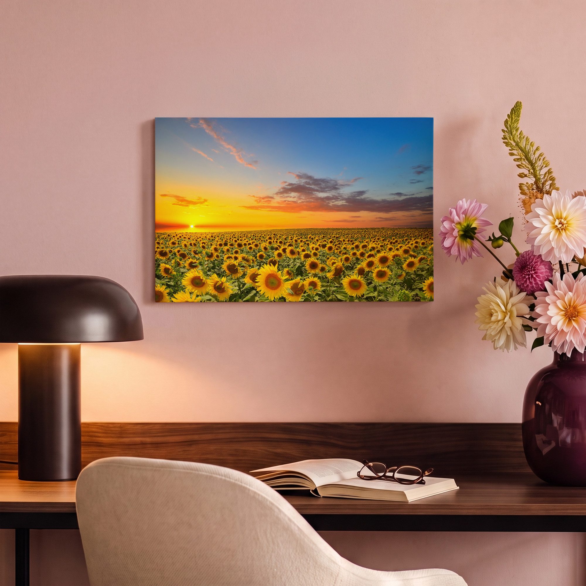 OneMillionCanvasses® Leinwandbild Blumen – Sonnenblume – Sonnenuntergang – Nacht – Orange, Fotodruck (1 St), Leinwand Bilder Klein, Wand Dekoration Aesthetic 30 – Bild 4 von 5