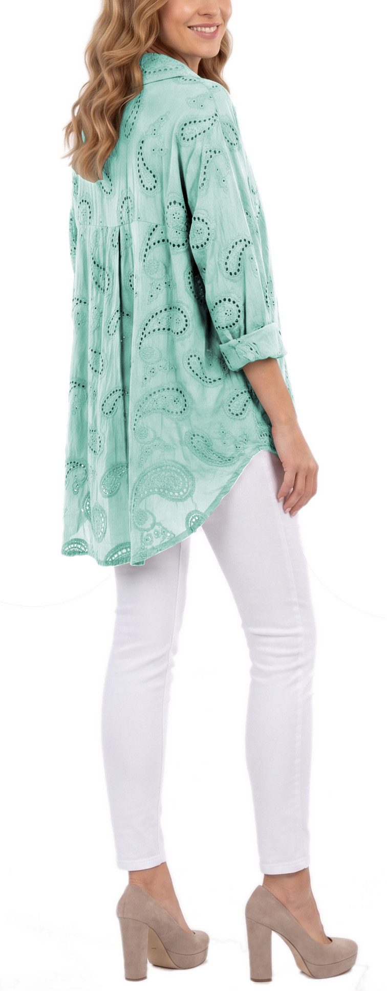 dy_mode Longbluse Damen Longbluse Oversize Tunika Boho Baumwollbluse Sommerbluse in Unifarbe, mit Paisley Lochstickerei, in Vokuhila-Schnitt