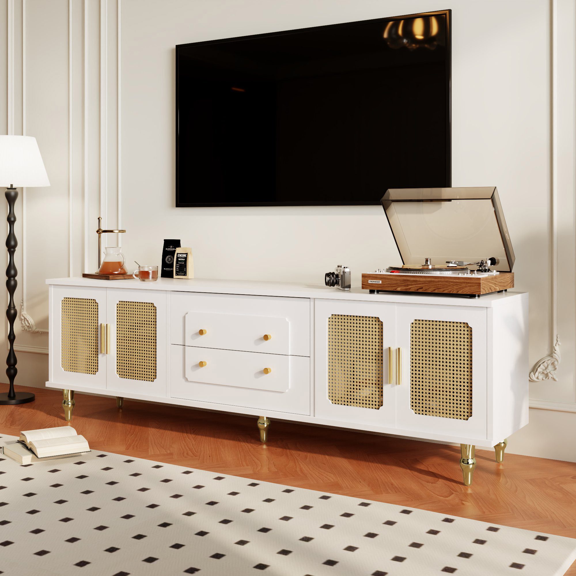 STILVORA Lowboard mit Schubladen,TV-Schrank Fernsehschrank mit Glastür&goldene Griffe (TV-Möbel,TV- Lowboard, mit 4 PVC-Rattantüren,2 Schubladen), 175*38*55,5cm, mit Push-to-Open-Funktion