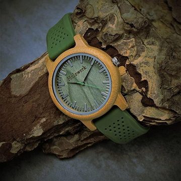 Holzwerk Quarzuhr LANDAU Damen & Herren Holz Uhr mit Silikon Armband in grün & beige