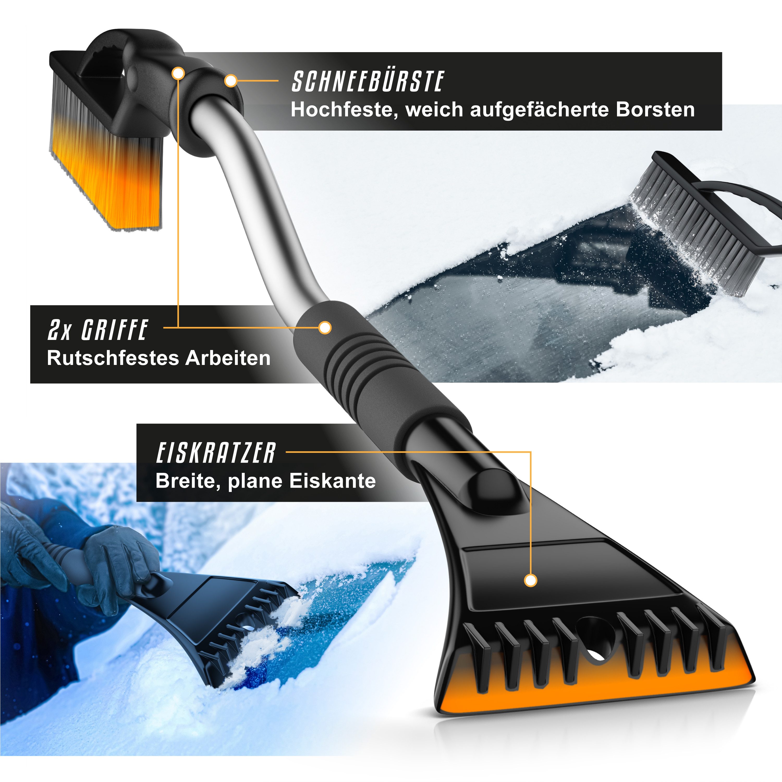 BEARWARE Ice Scraper with Snow Brush for Car, Motorhome & Truck made of shatterproof ABS, gentle 2-in-1 scraper & snow brush, 80cm long with ice breaker teeth