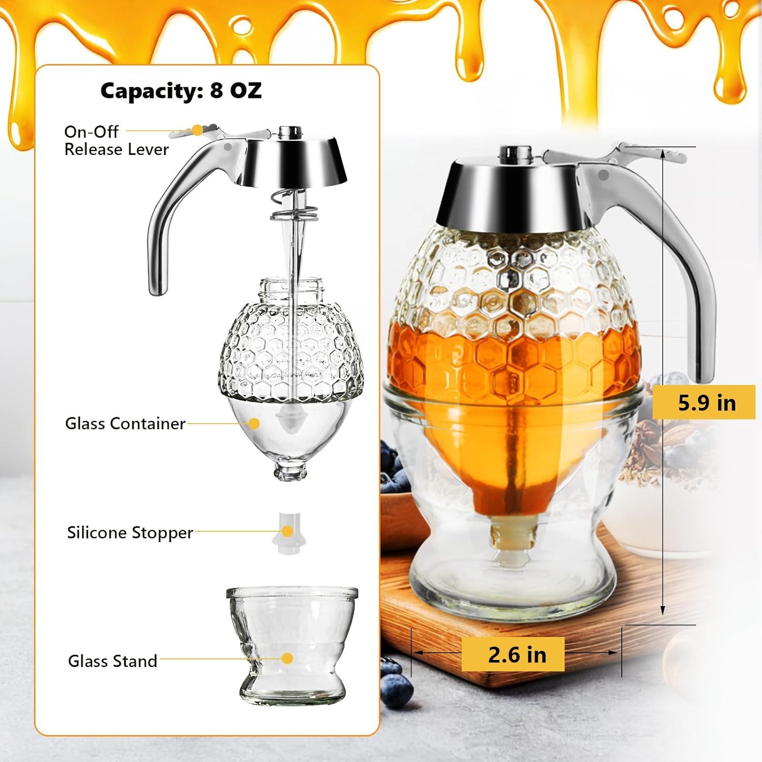 AURIVION Honigglas Honig- und Sirupspender 200ml für Frühstück & Desserts, Glas, (Set, 1-tlg., Praktischer Saftspender mit präziser Dosierung), Sirupspender 200ml zur sauberen Lagerung & einfachen Nutzung