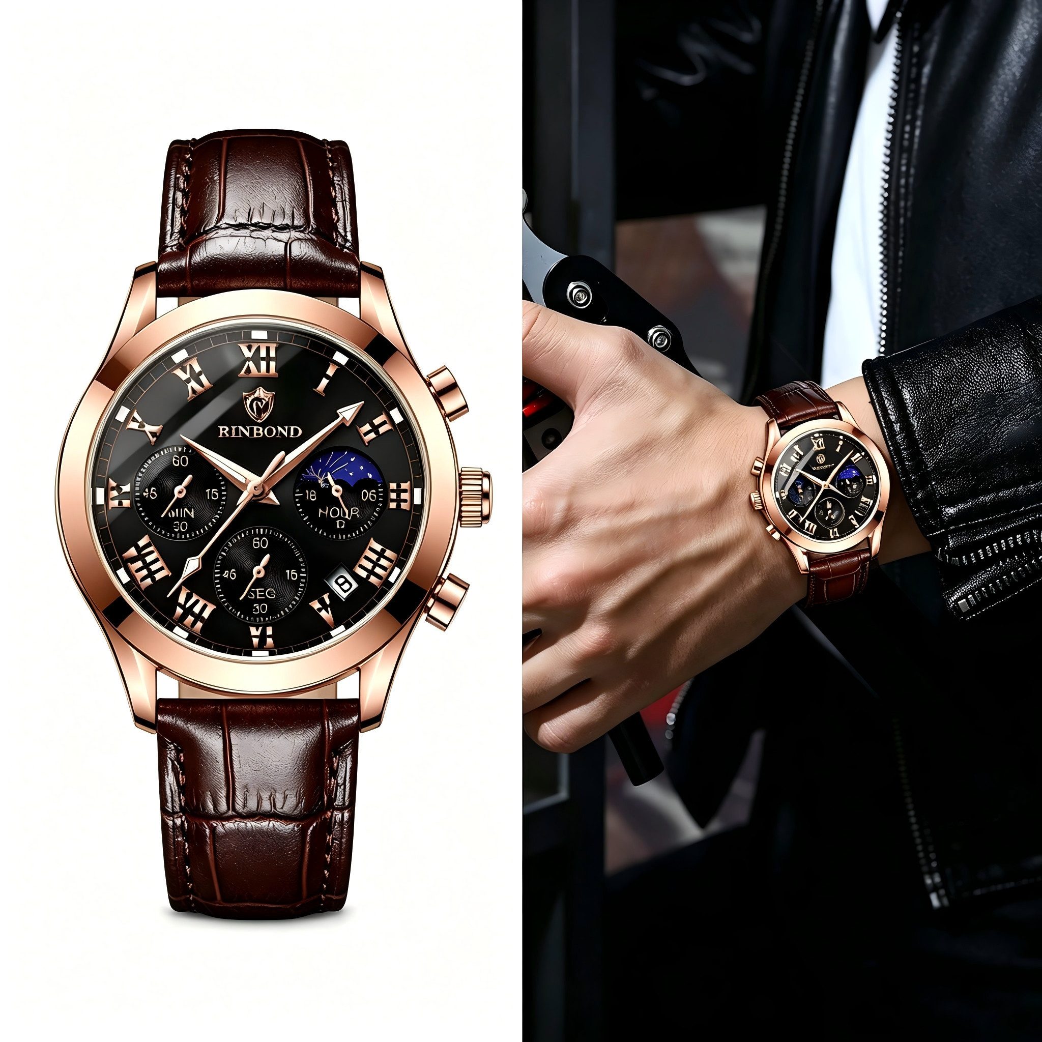 Forrlite Quarzuhr Herrenuhr Leder Herren Armbanduhr, Business Quarzuh Leuchtzeiger, (Multifunktionsuhr Armbanduhr, Lederarmband Armbanduhr, Chronograph Armbanduhr, Geschenk für Männer)