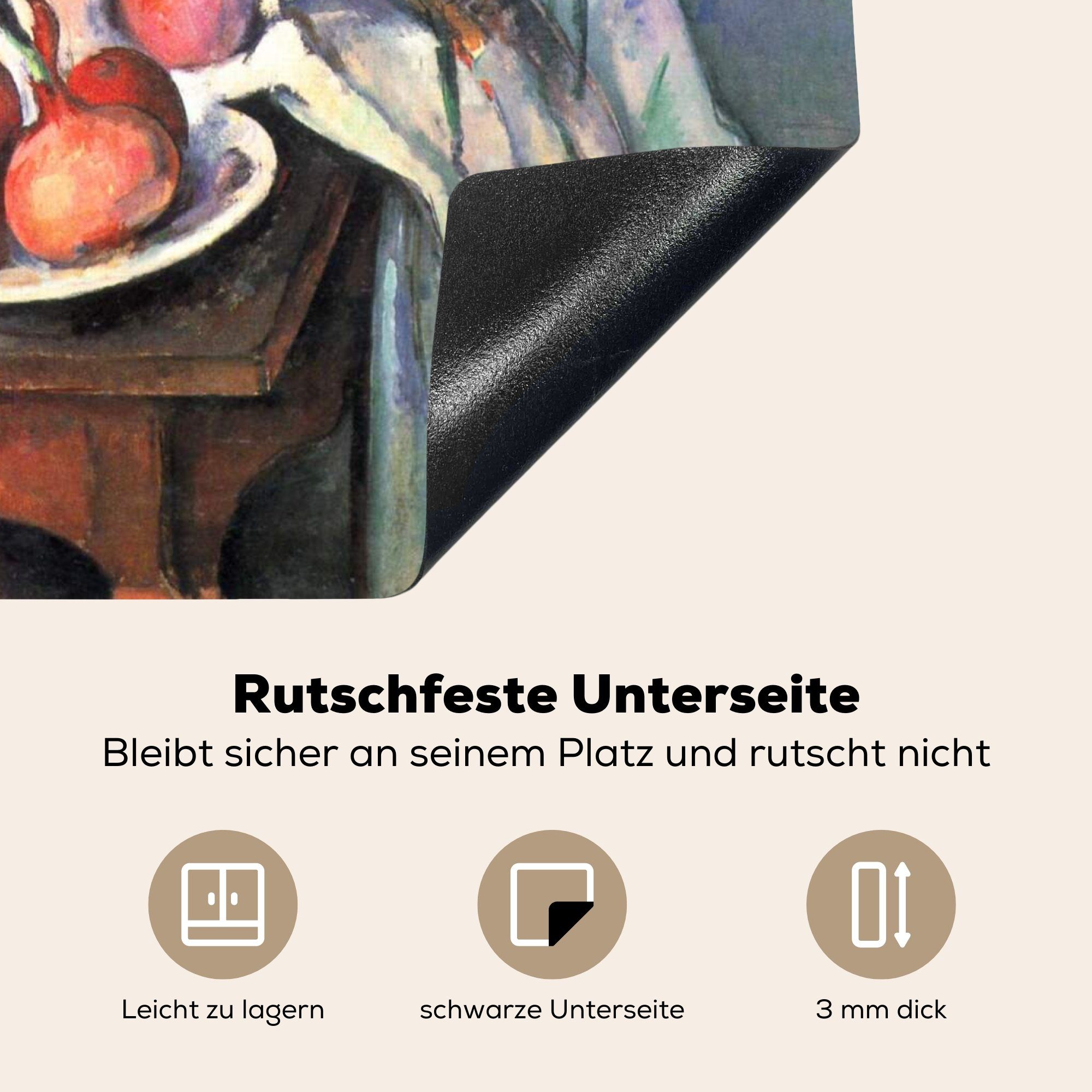 MuchoWow Herdblende-/Abdeckplatte Stilleben mit Vinyl, Arbeitsfläche cm, Mobile 60x52 tlg), Gemälde, (1 Zwiebeln Paul - Ceranfeldabdeckung nutzbar, Cézanne