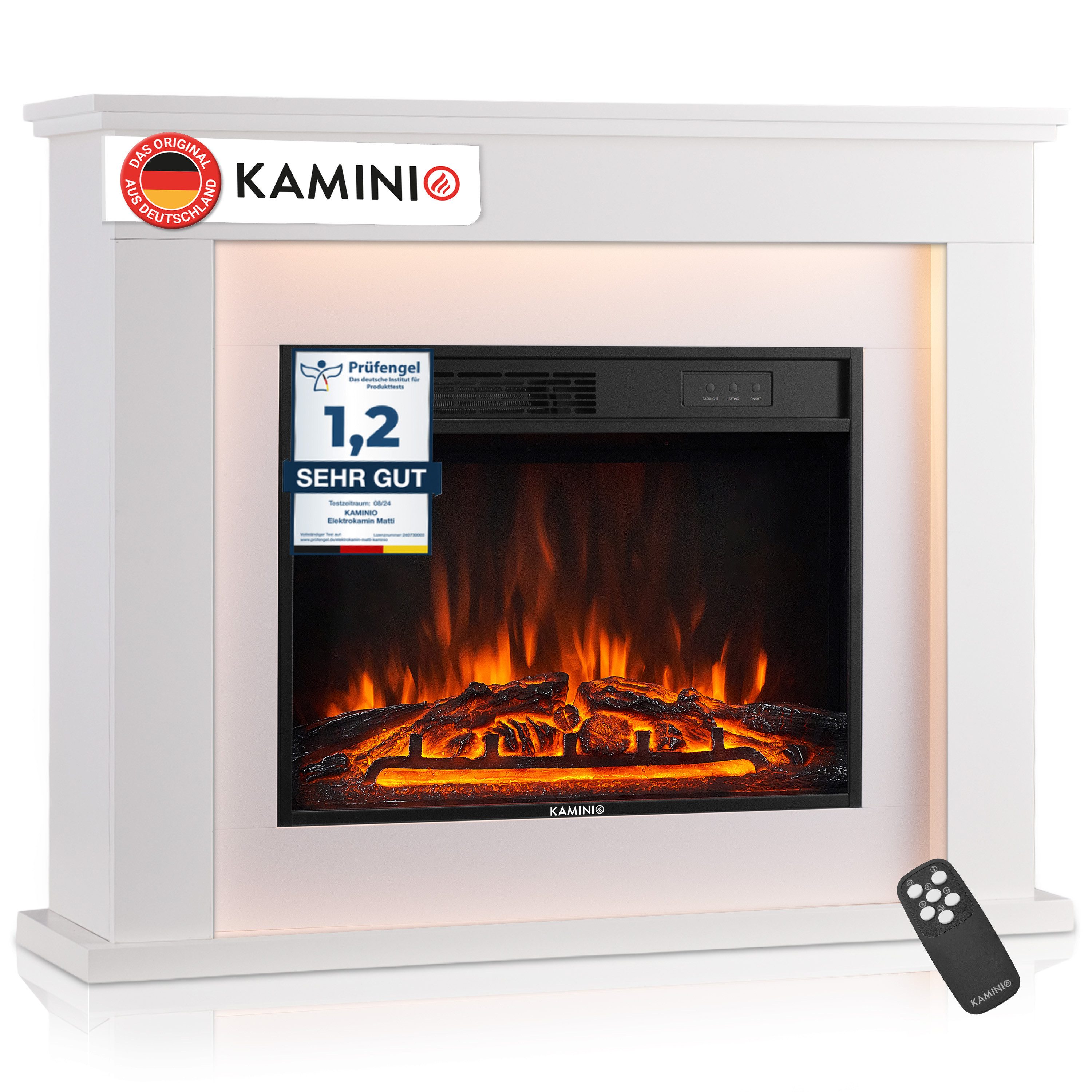 KAMINIO Elektrokamin MATTI, Elektrischer Kamin mit 3D-Flammeneffekt, Ambientelicht, Heizung 1800W